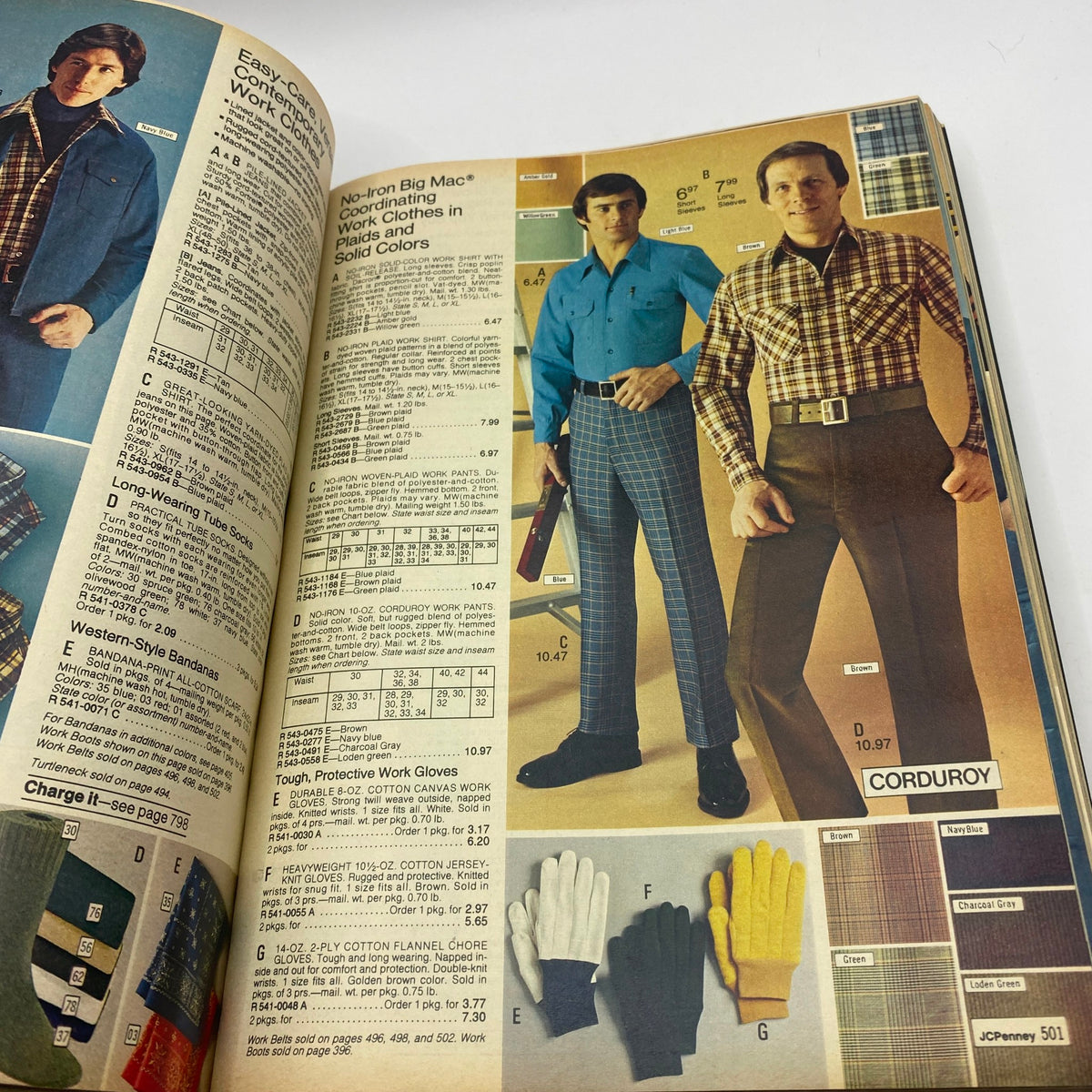 1977 JCPenney Fall and Winter Catalog showcasing men in stylish work clothing including a blue shirt and plaid trousers.