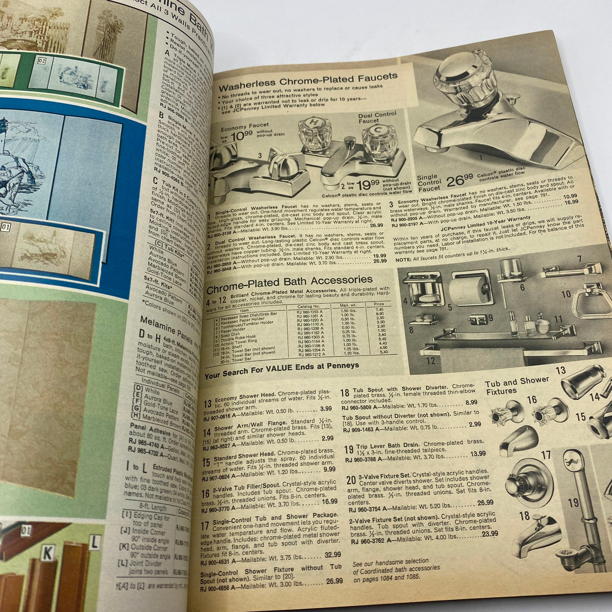 Image featuring plumbing fixtures and chrome-plated faucets from the 1977 JCPenney Fall and Winter Catalog, highlighting affordability and value.