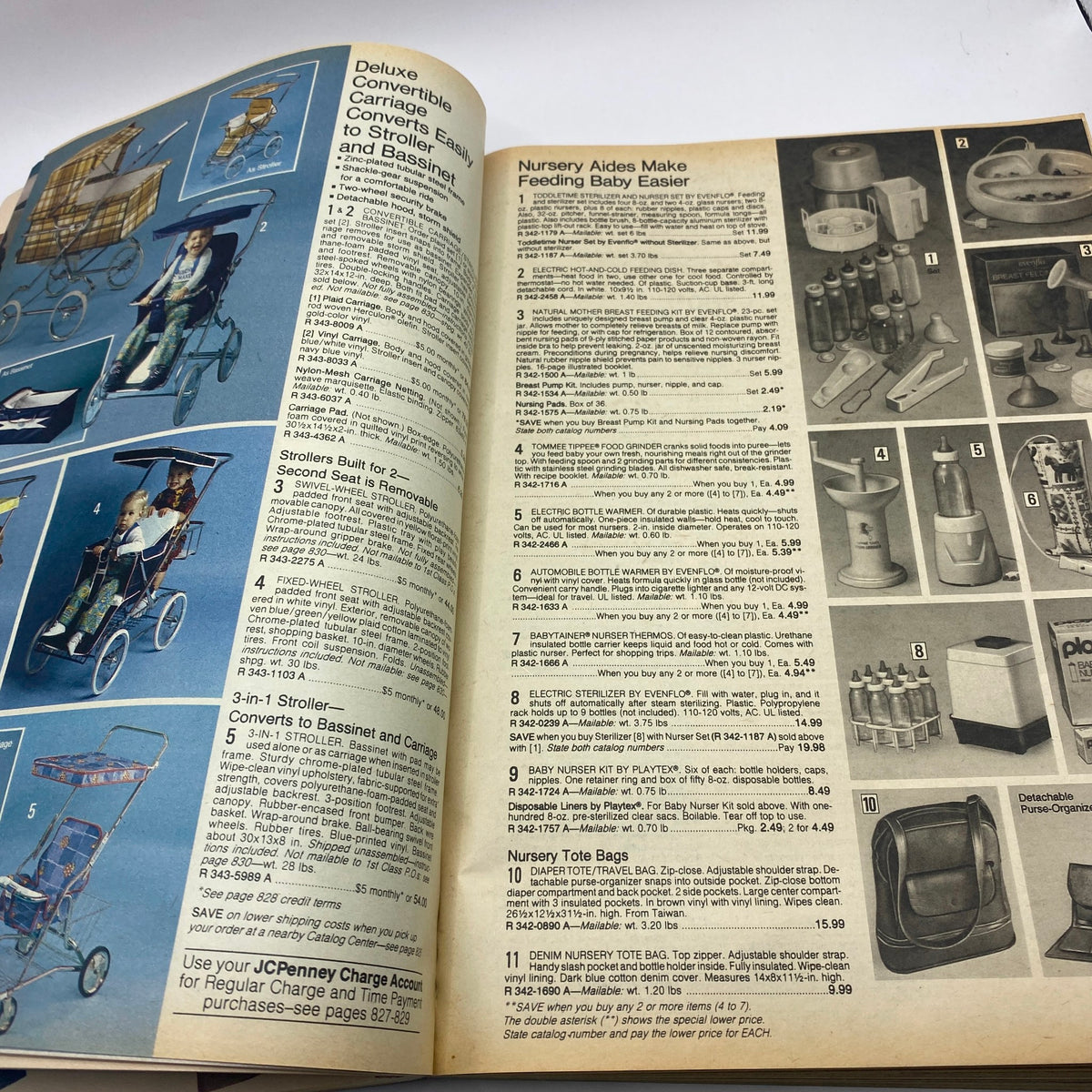 Open page from the 1979 JCPenney Fall and Winter Softened Dressing Catalog featuring nursery aides and baby products that make feeding easier, with descriptions of stroller options.