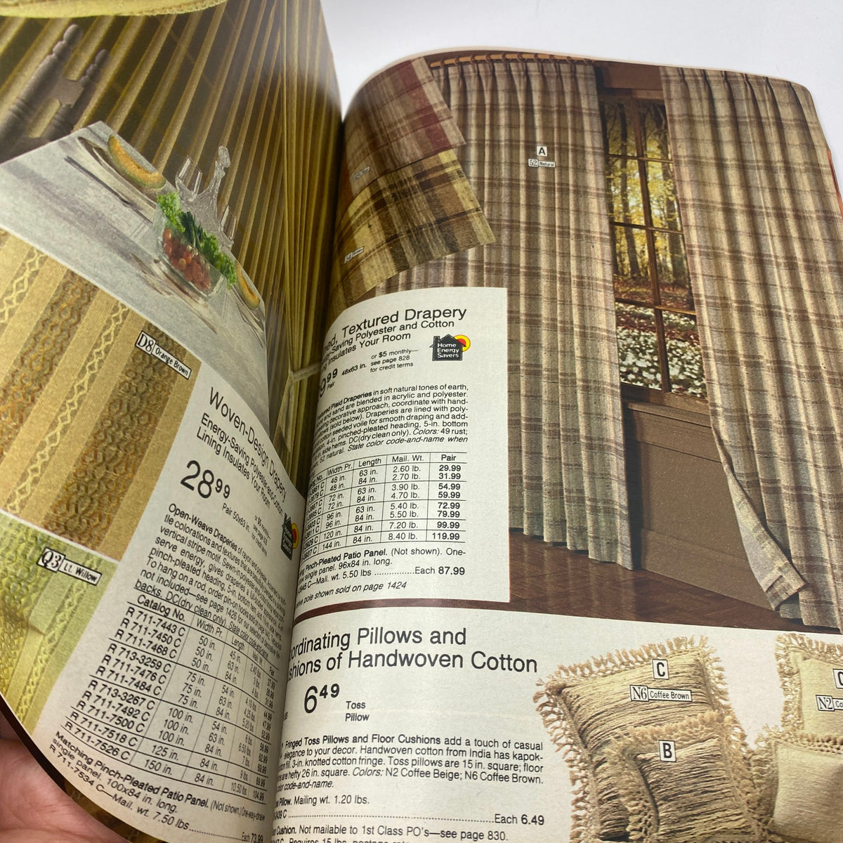 1979 JCPenney Fall and Winter Softened Dressing Catalog showcasing textured drapery and decorative pillows made of handwoven cotton.