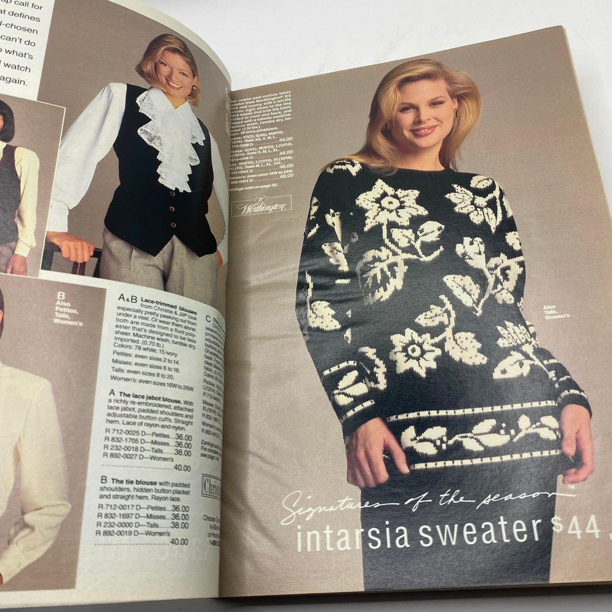 Interior page from the 1994 JCPenney Fall and Winter Intarsia Sweater Catalog showcasing a model wearing an elegant intarsia sweater. Detailed view of fashion styles available in the catalog.