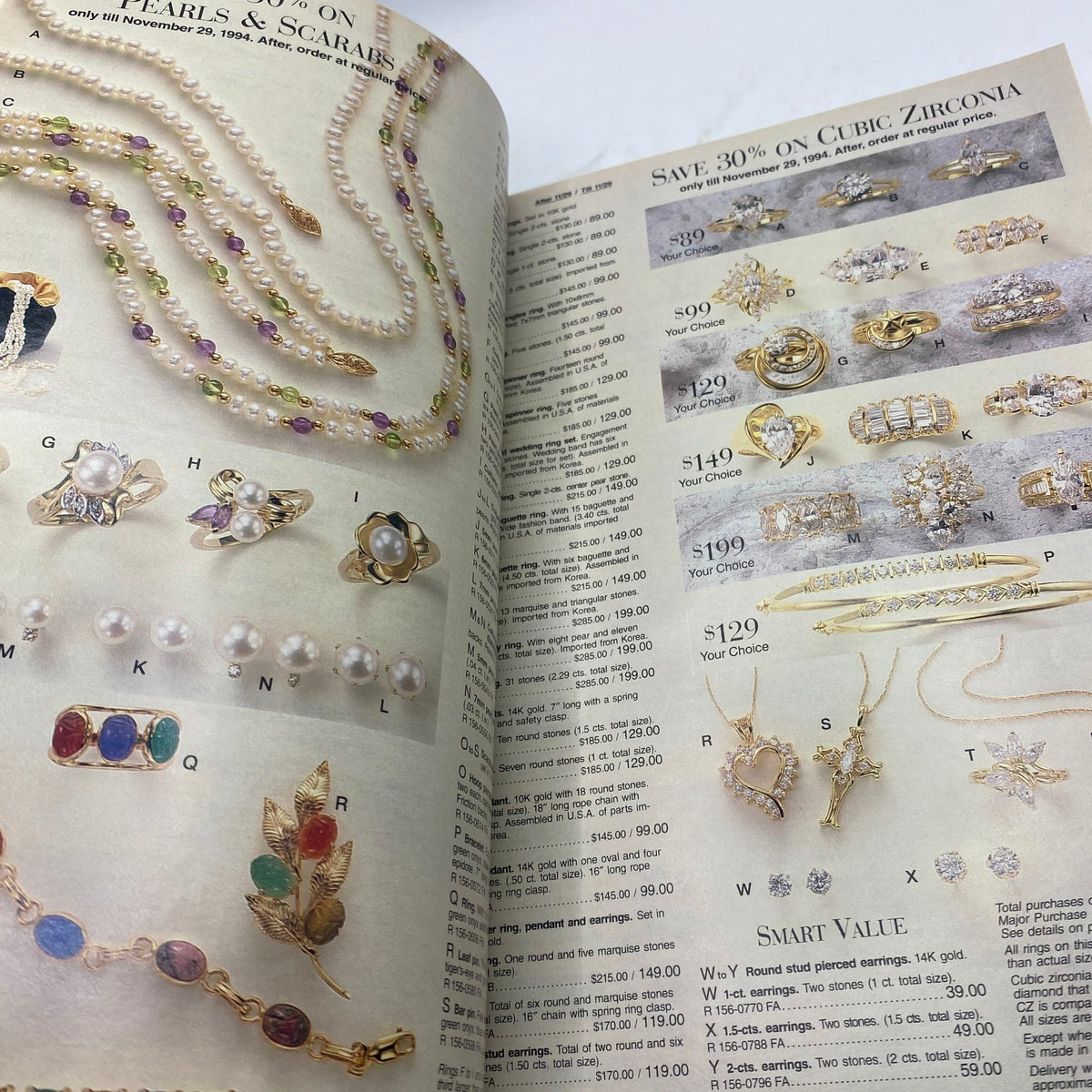 1994 JCPenney Fall and Winter Intarsia Sweater Catalog with a collection of jewelry items, including necklaces, rings, and earrings.