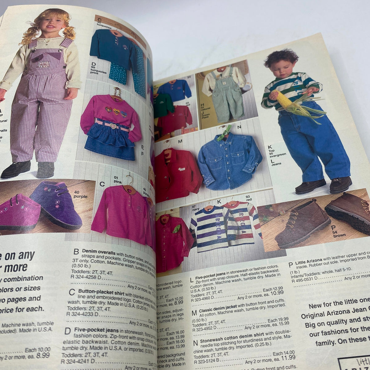 1994 JCPenney Fall and Winter Intarsia Sweater Catalog, showcasing a variety of children's clothing including overalls and colorful tops.