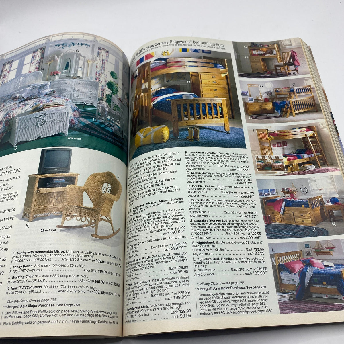 1994 JCPenney Fall and Winter Intarsia Sweater Catalog showcasing various bedroom furniture arrangements including beds, dressers, and decor items.