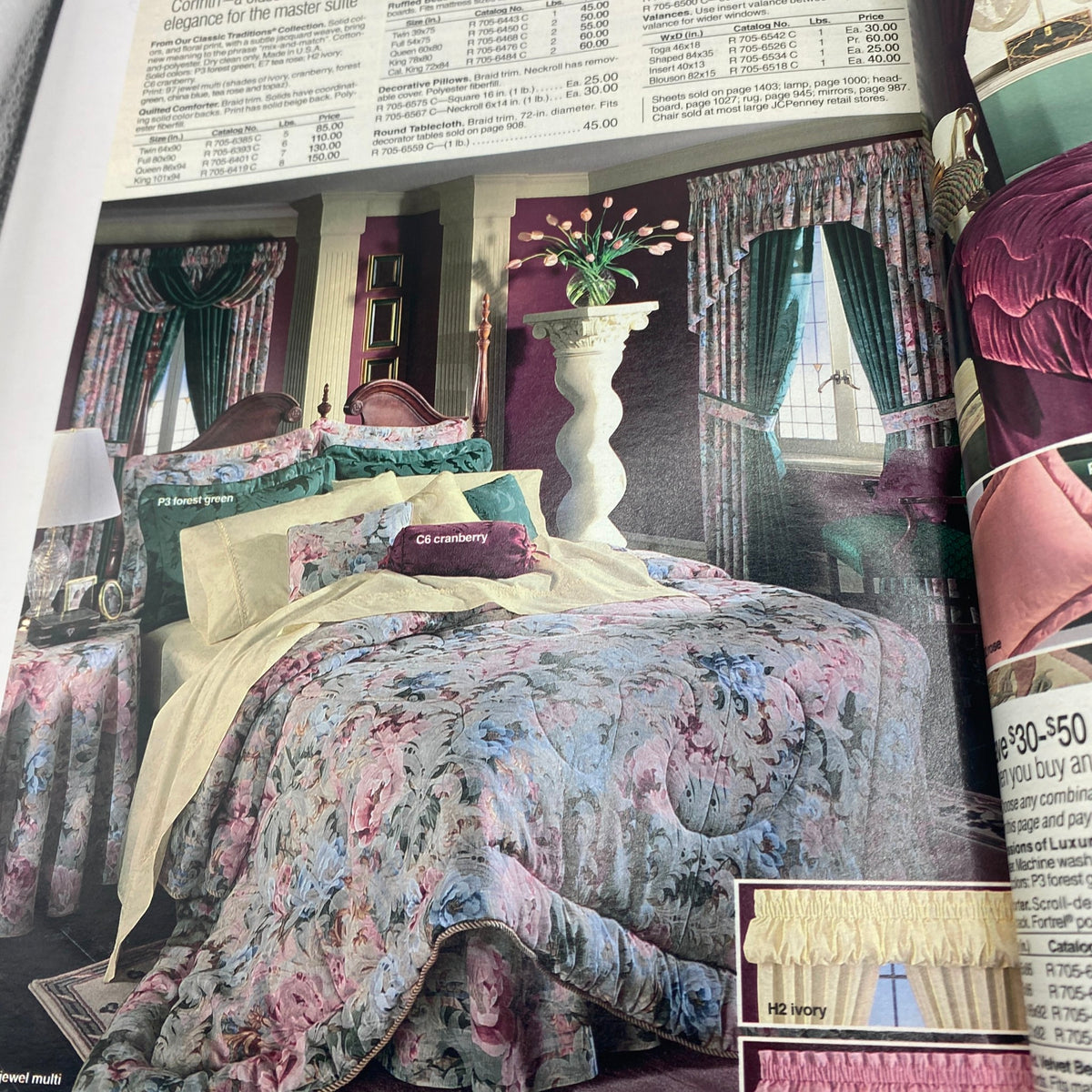 1994 JCPenney Fall and Winter Intarsia Sweater Catalog presenting elegant bedding and decor arrangements, focusing on rich colors and textures.