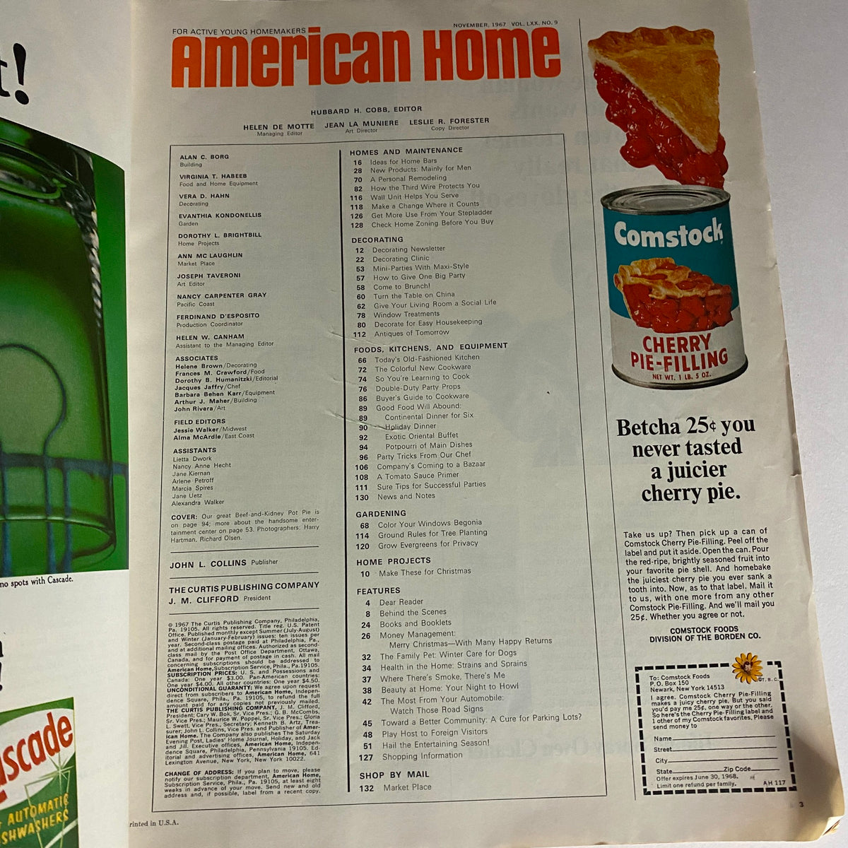 VTG American Home Magazine November 1967 featuring an article layout including sections on homes, maintenance, gardening, and a colorful advertisement for Comstock cherry pie filling.