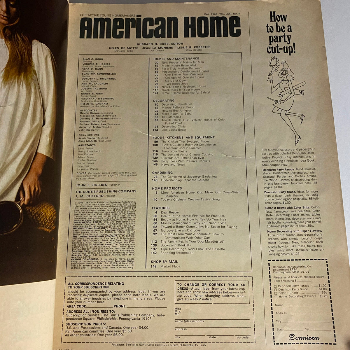 Interior page of VTG American Home Magazine May 1968, displaying the table of contents and features including gardening and home improvement sections.
