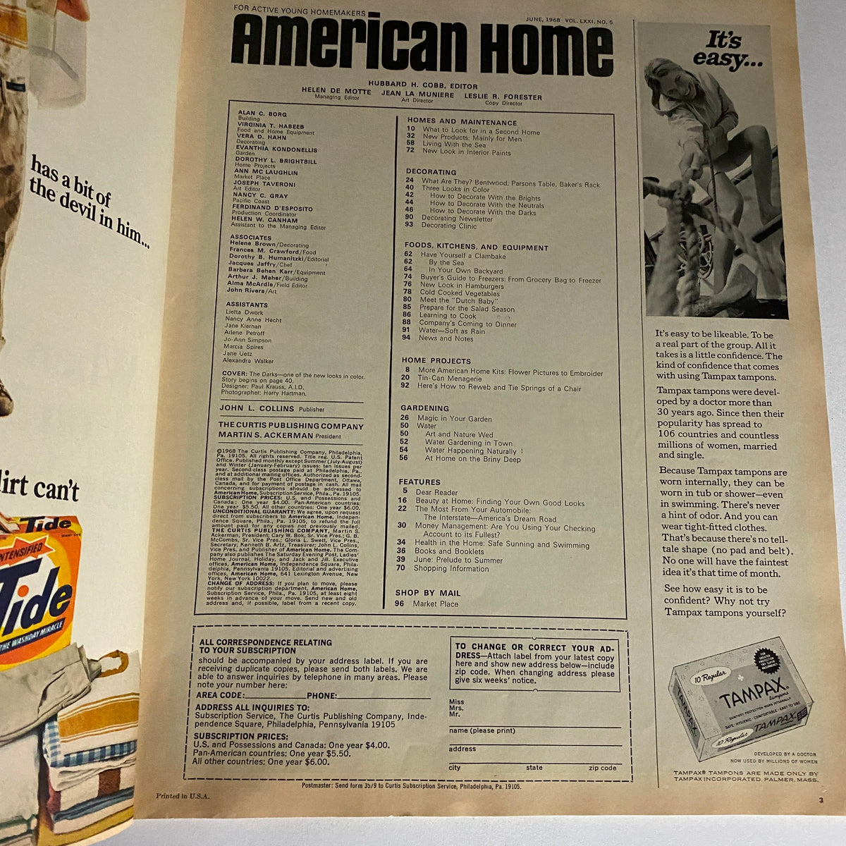 Inside page of VTG American Home Magazine June 1968, showcasing the table of contents with sections on home maintenance and decorating ideas from the era.