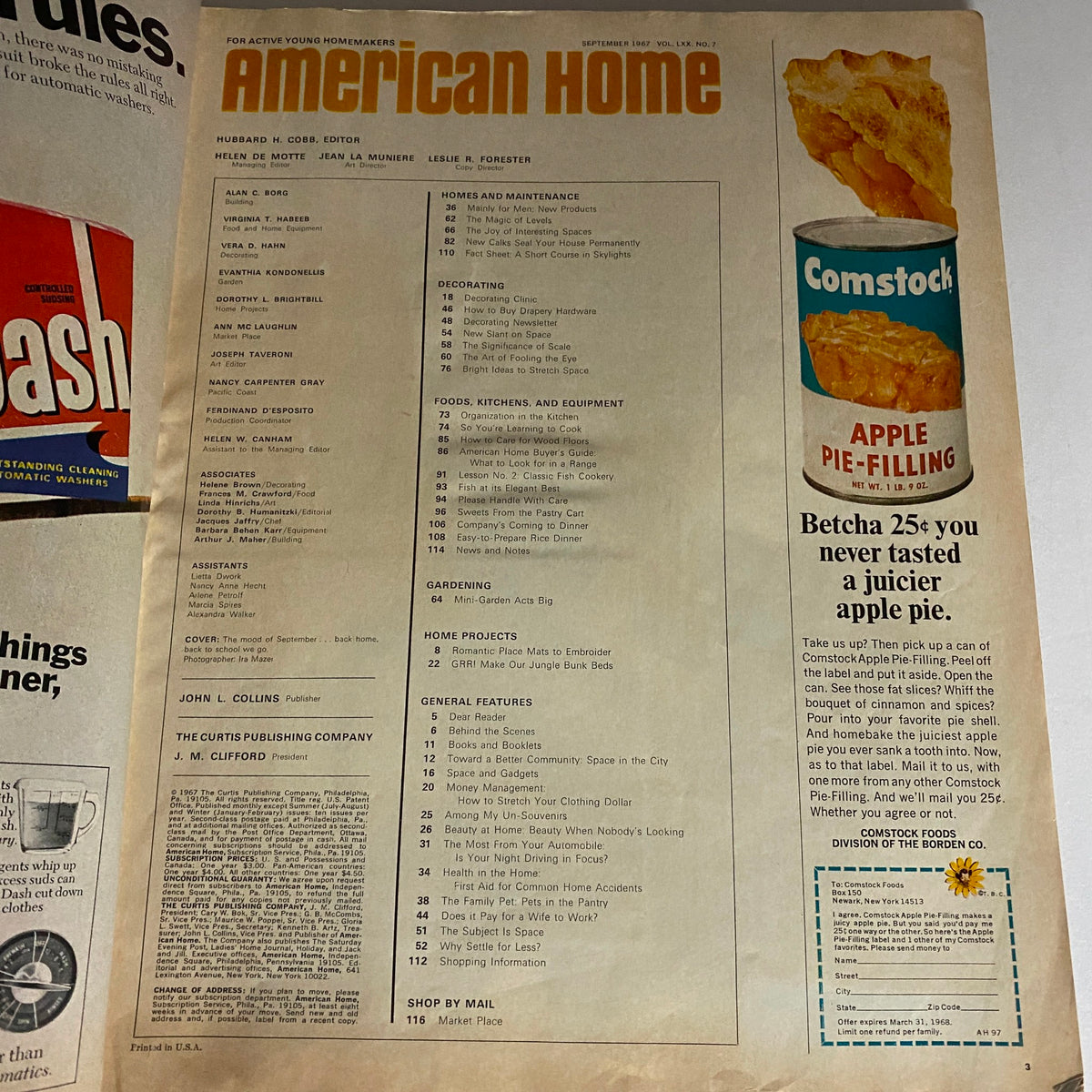 VTG American Home Magazine September 1967 'The Mood of September' featuring the contents page, including articles on home maintenance, decorating tips, and food recommendations.