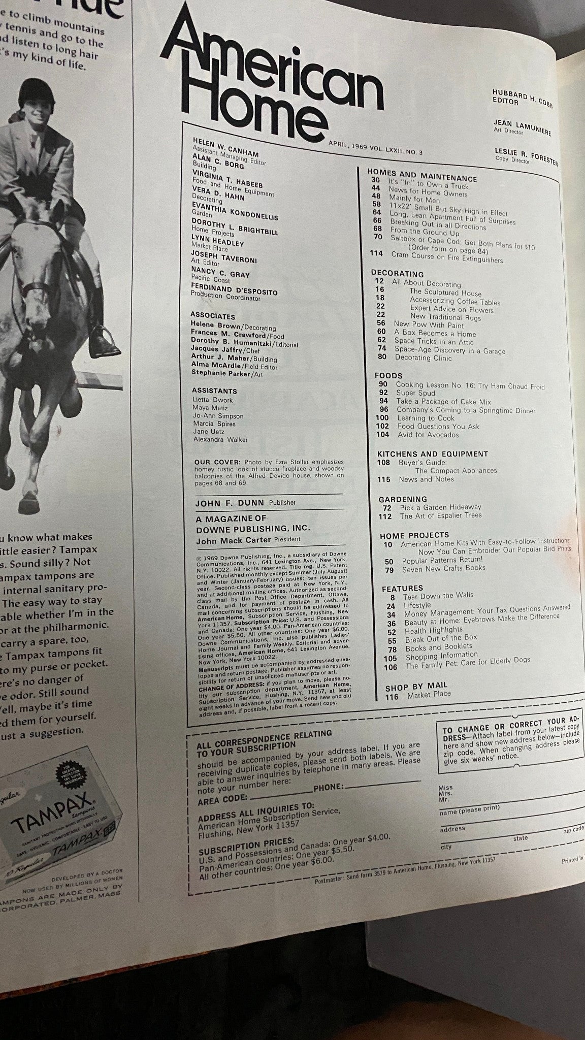 Table of contents from VTG American Home Magazine April 1969, including features on home projects and maintenance, showcasing articles from various contributors.