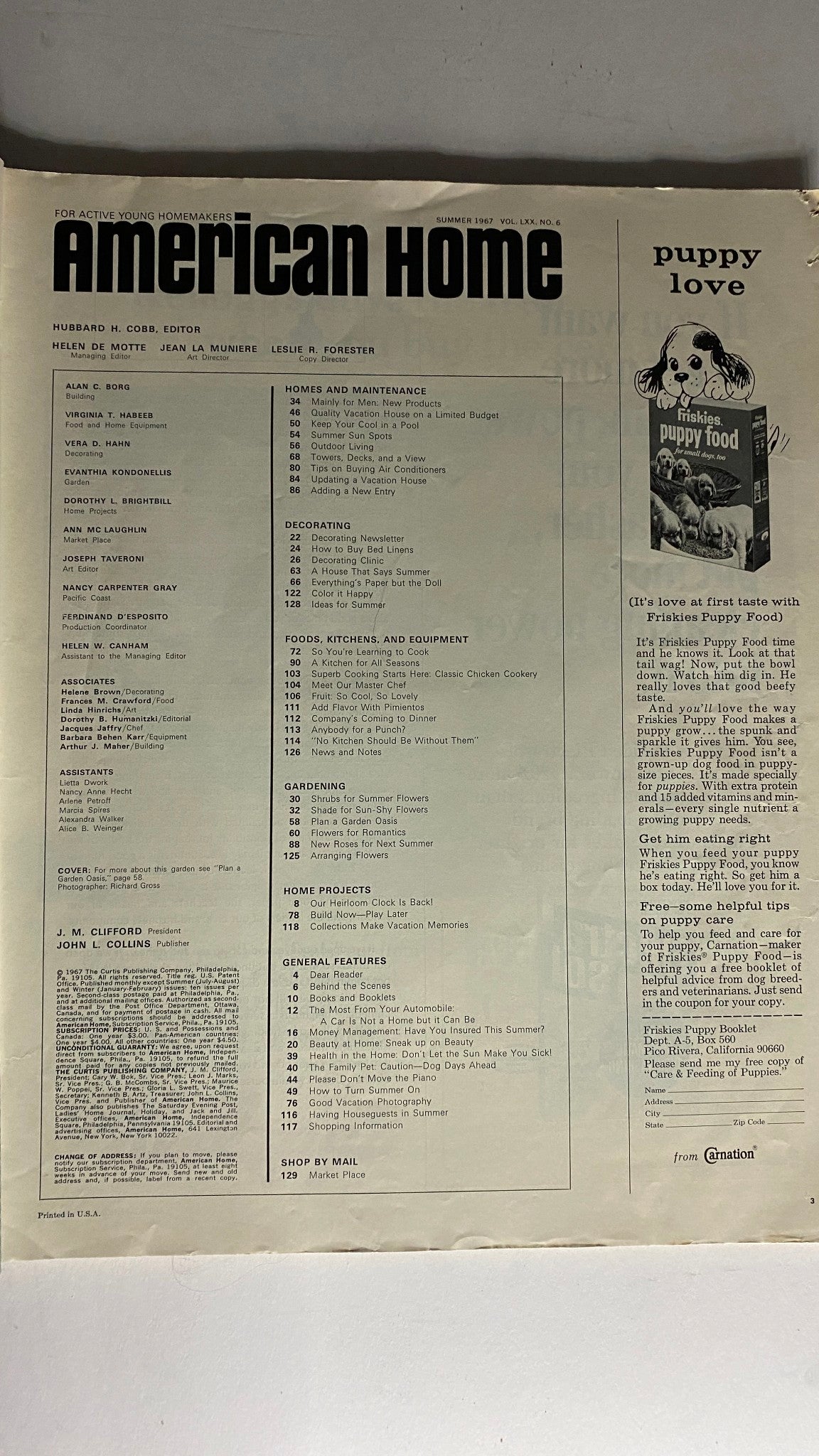 Inside page of the VTG American Home Magazine Summer 1967, showcasing the table of contents with various sections related to gardening, home projects, and summer activities.