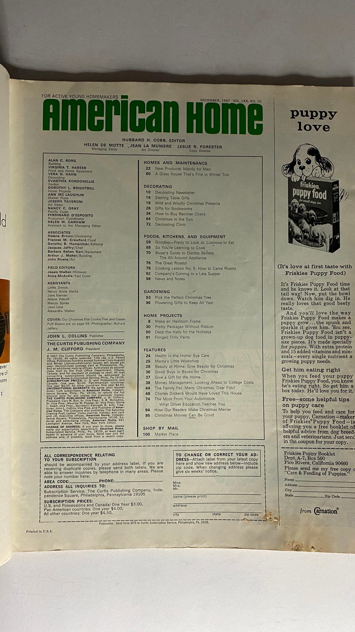 Interior page of VTG American Home Magazine December 1967 displaying the table of contents and decorative tips.