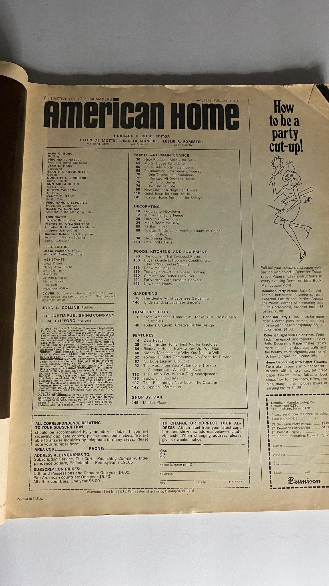 Inside page of VTG American Home Magazine May 1968, showcasing the magazine's table of contents, highlighting articles related to gardening and home improvement.