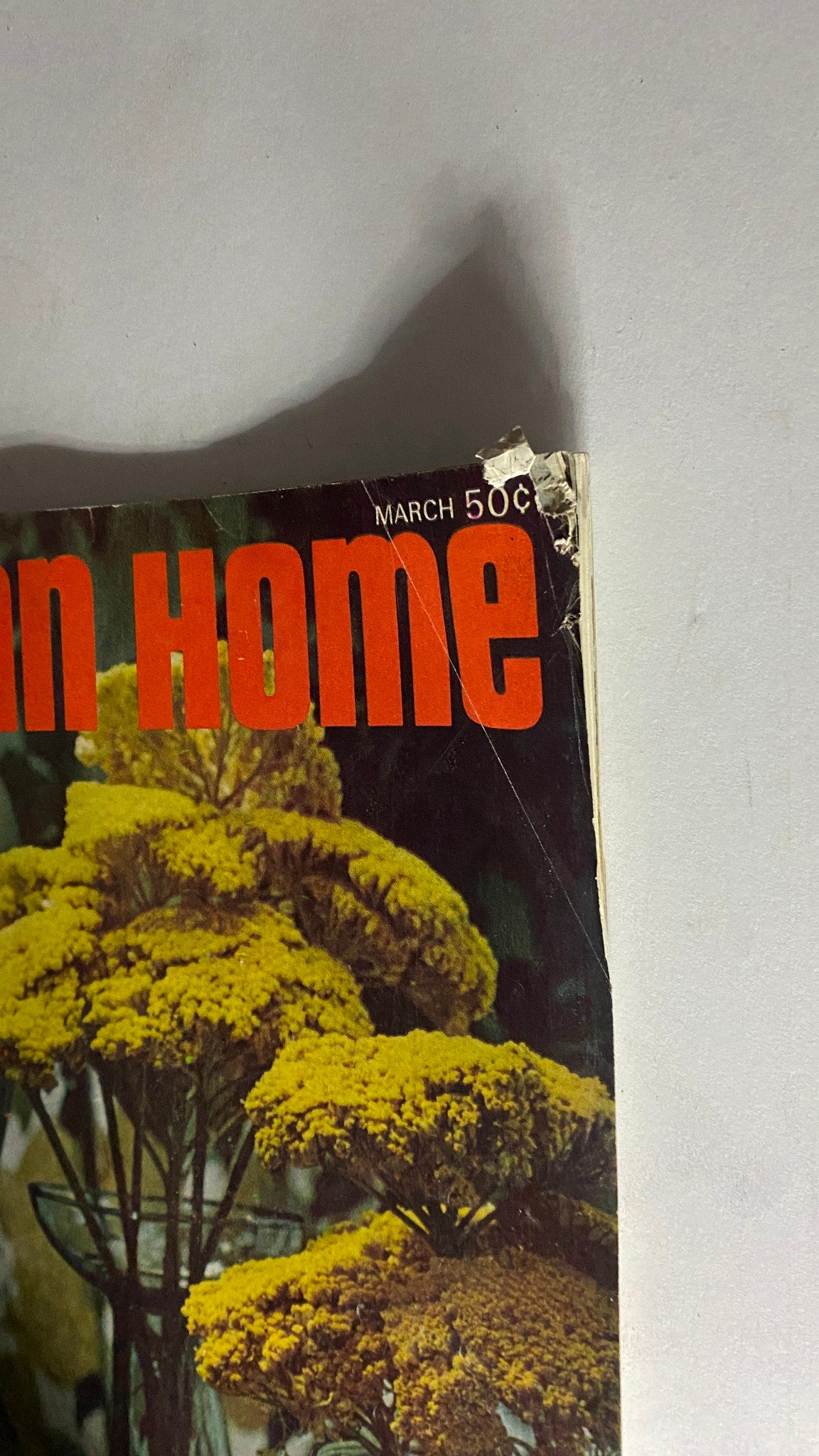 Close-up of the top corner of VTG American Home Magazine March 1968 Whole Houseful of Ideas showing the magazine's title and date with minor wear.