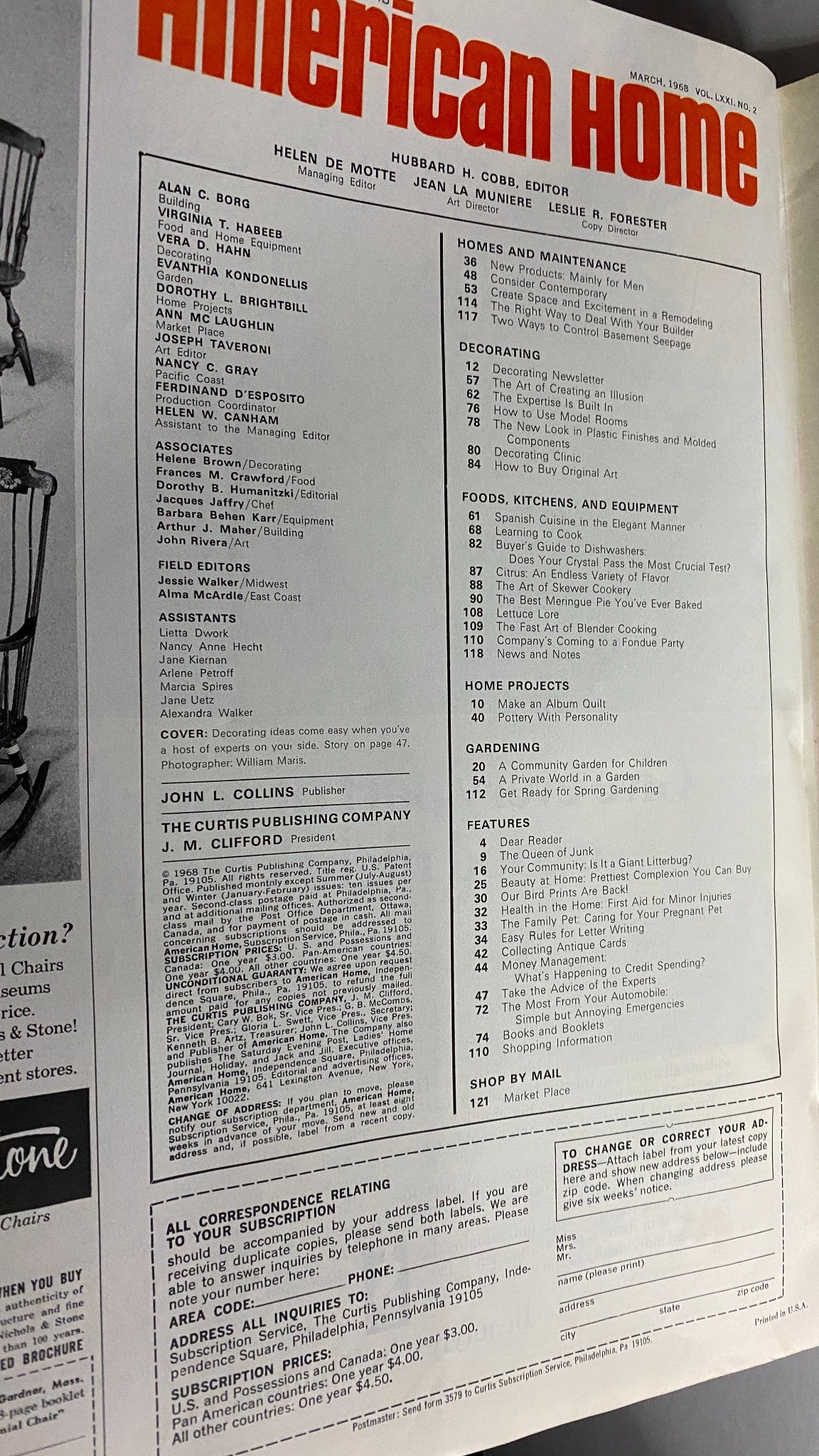 Inside page of VTG American Home Magazine March 1968 Whole Houseful of Ideas displaying the table of contents with section titles related to home decor and gardening.