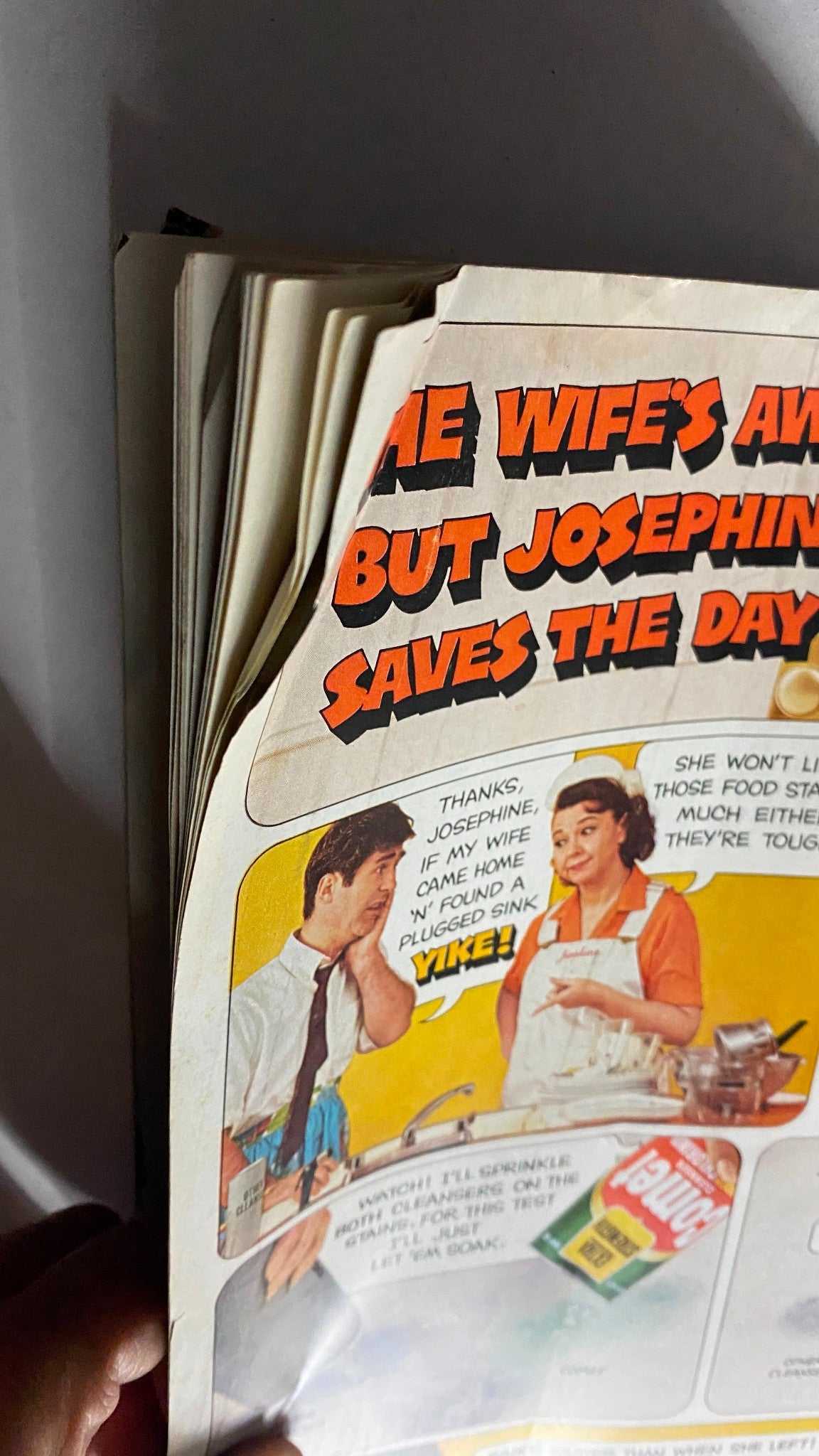 Close-up view of Vintage American Home Magazine March 1968 ad titled 'The Wife's Away But Josephine Saves the Day!' highlighting characters and cleaning products.