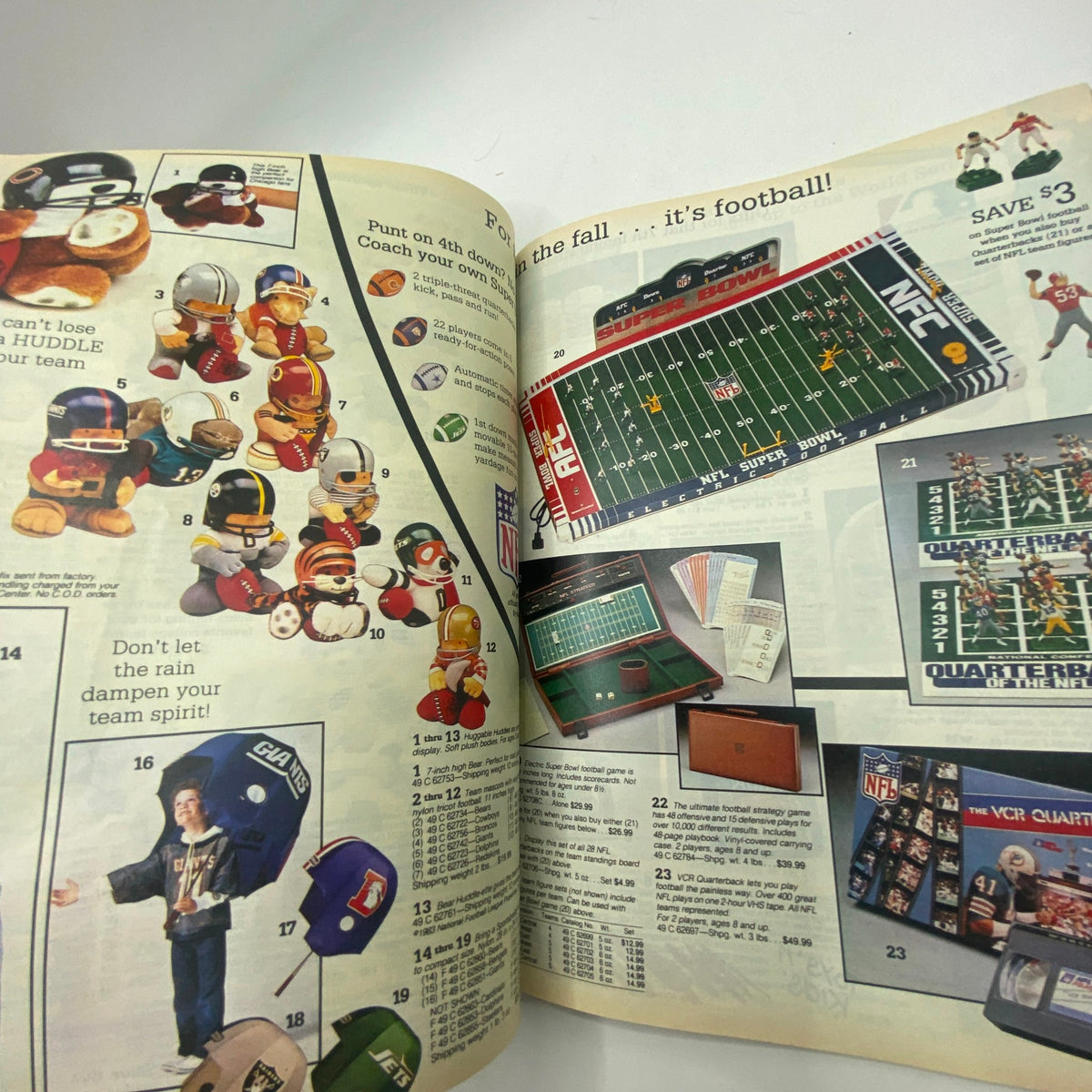 1987 Sears Wish Book for Kids featuring football toys, including plush NFL figures and a tabletop football game, showcasing nostalgic childhood sports memorabilia.