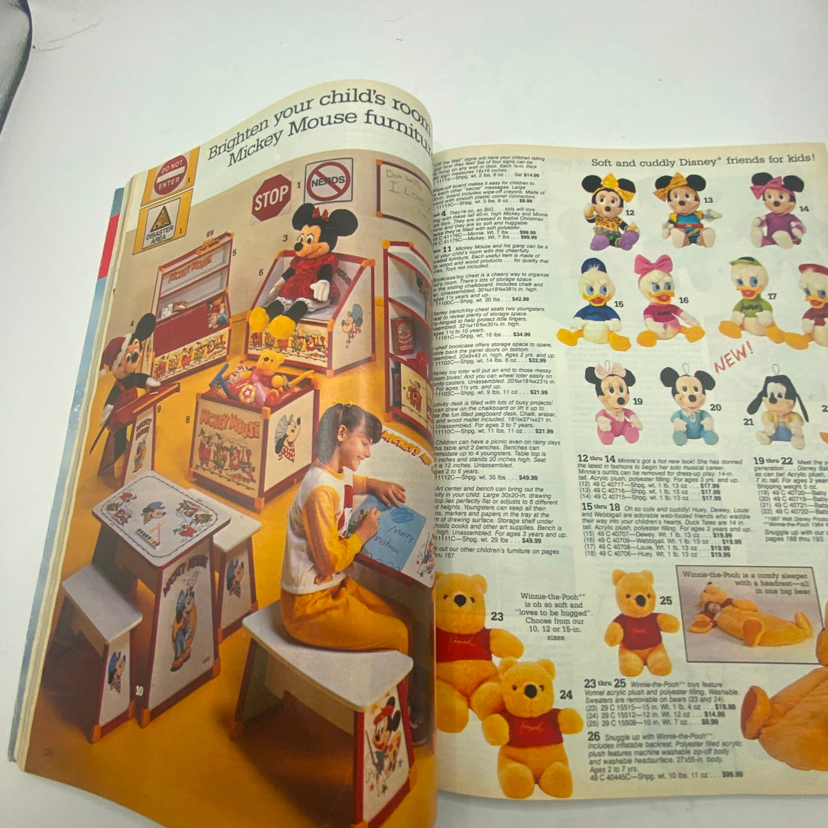 Page from the 1987 Sears Wish Book for Kids depicting Mickey Mouse furniture and plush toys, highlighting popular childhood items from America's Greatest Toy Catalog.