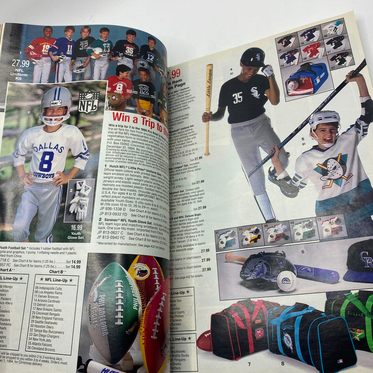 Page from the 1994 JCPenney Christmas Gifts Under $30 Catalog featuring youth sports apparel, including NFL uniform kits and equipment for kids, highlighting popular gifts for sports enthusiasts during the 1990s.