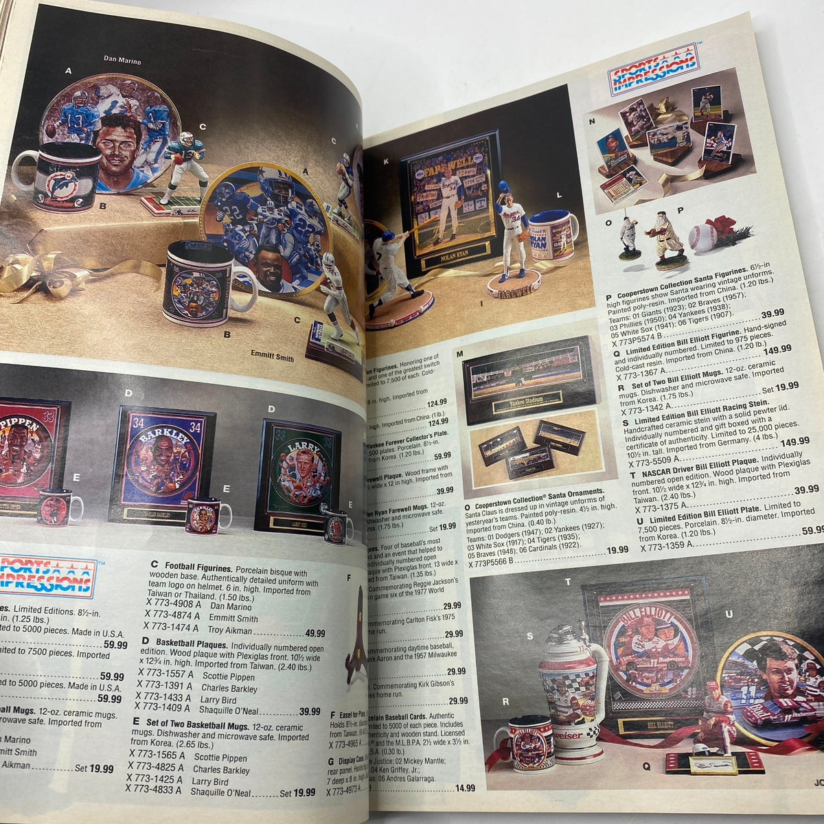 Page from the 1994 JCPenney Christmas Gifts Under $30 Catalog displaying collectible sports memorabilia, including cups, plates, and figurines of famous athletes, offering a glimpse into the sports culture of the early 90s.