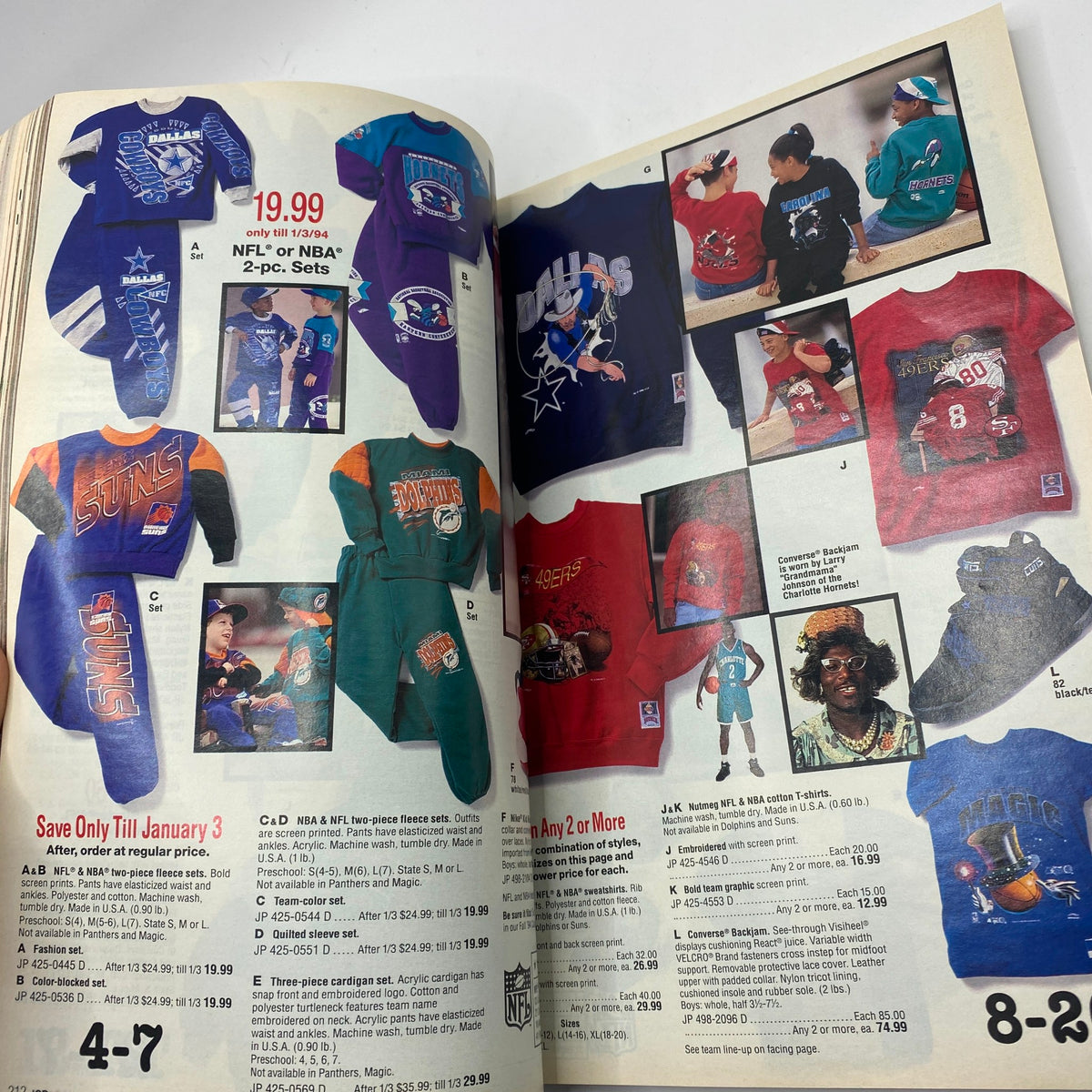 Page from the 1994 JCPenney Christmas Gifts Under $30 Catalog featuring NFL and NBA branded 2-piece sets and apparel, showcasing popular children’s sportswear trends of the era.