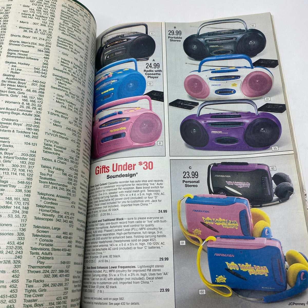 Page from the 1994 JCPenney Christmas Gifts Under $30 Catalog illustrating various affordable audio gadgets, including portable stereos and radios, reflecting the technology trends of the early 90s.