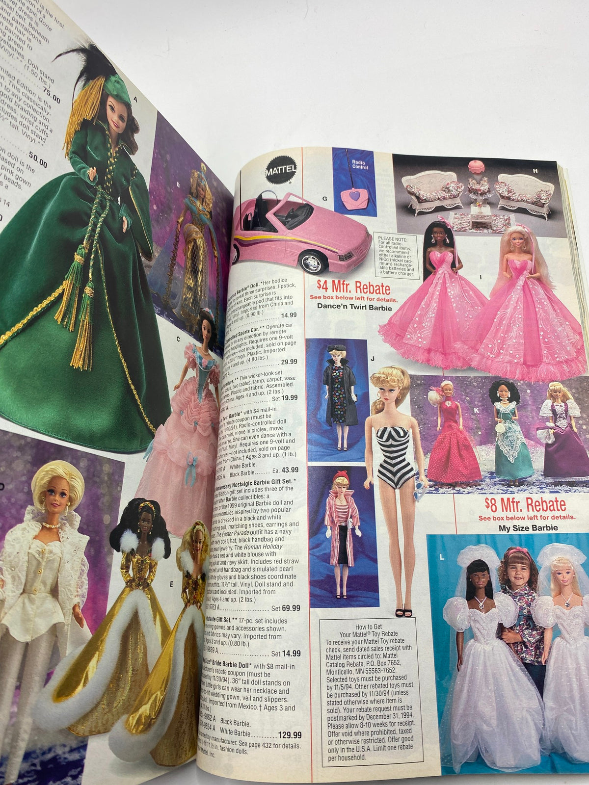 1994 JCPenney Christmas Gifts Under $30 Catalog displaying an assortment of Barbie dolls in various outfits and styles, highlighting nostalgic toy selections.