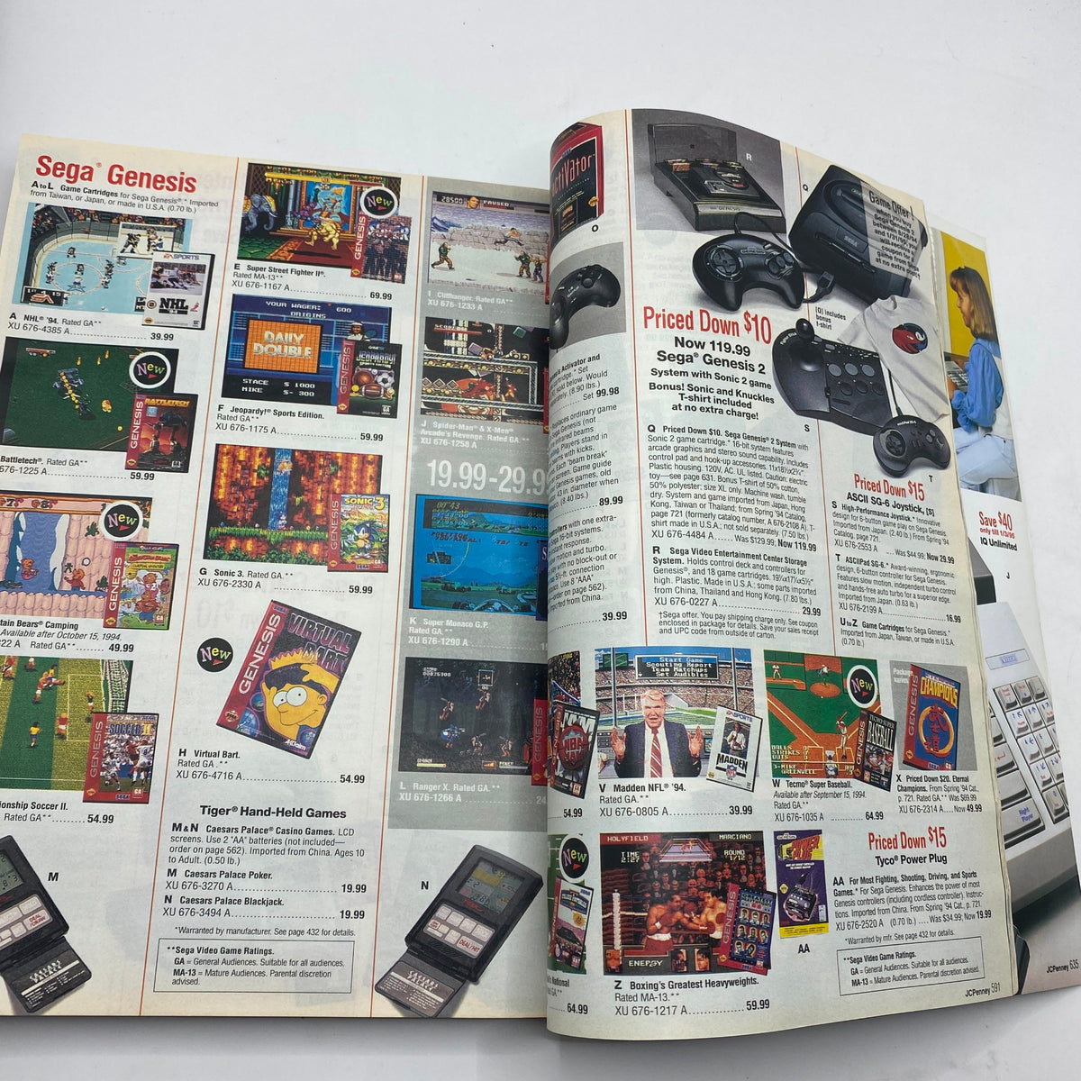 A page from the 1994 JCPenney Christmas Gifts Under $30 Catalog highlighting Sega Genesis games and consoles, classic gift options that evoke nostalgia for the 1990s.