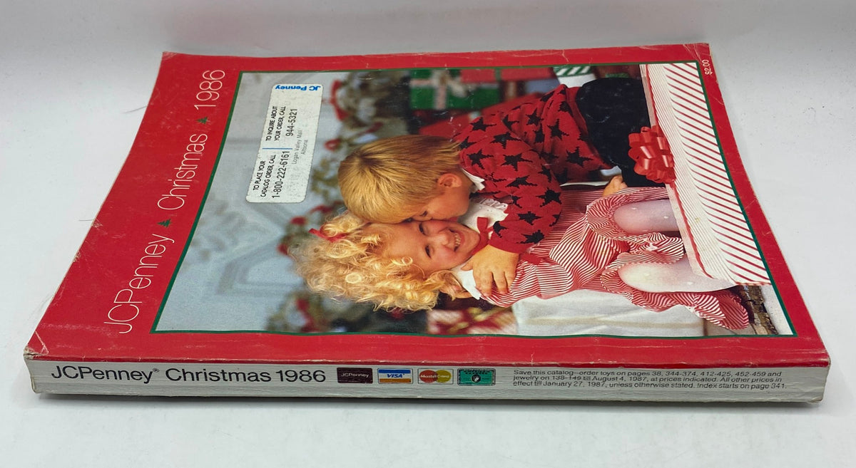 Back cover of the 1986 JCPenney Christmas NFL for The Kids Catalog showcasing two kids in a festive setting, with a focus on the colorful layout and holiday theme.