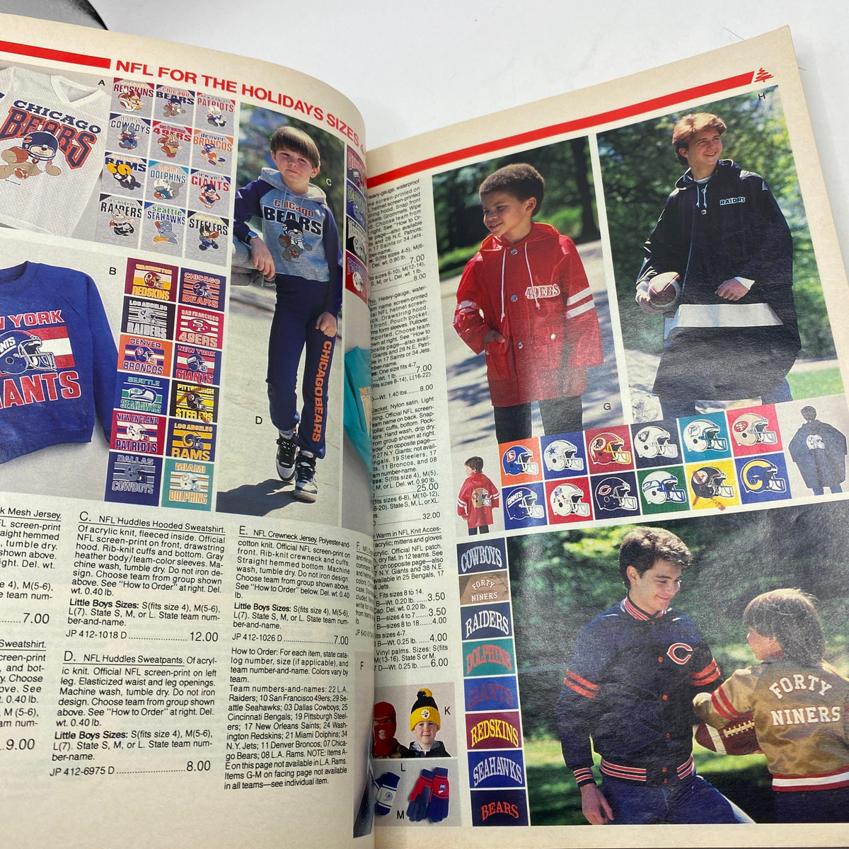 Inside page of the 1986 JCPenney Christmas NFL for The Kids Catalog featuring NFL-themed clothing and merchandise for children, highlighting popular team designs and styles.