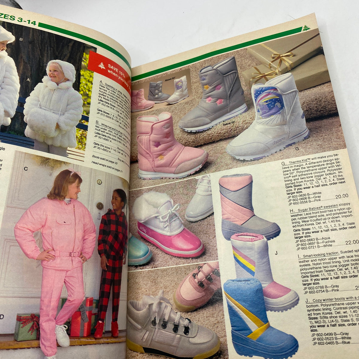 1986 JCPenney Christmas NFL for The Kids Catalog showcasing winter boots and kids' apparel, featuring various styles suitable for sizes 3-14.