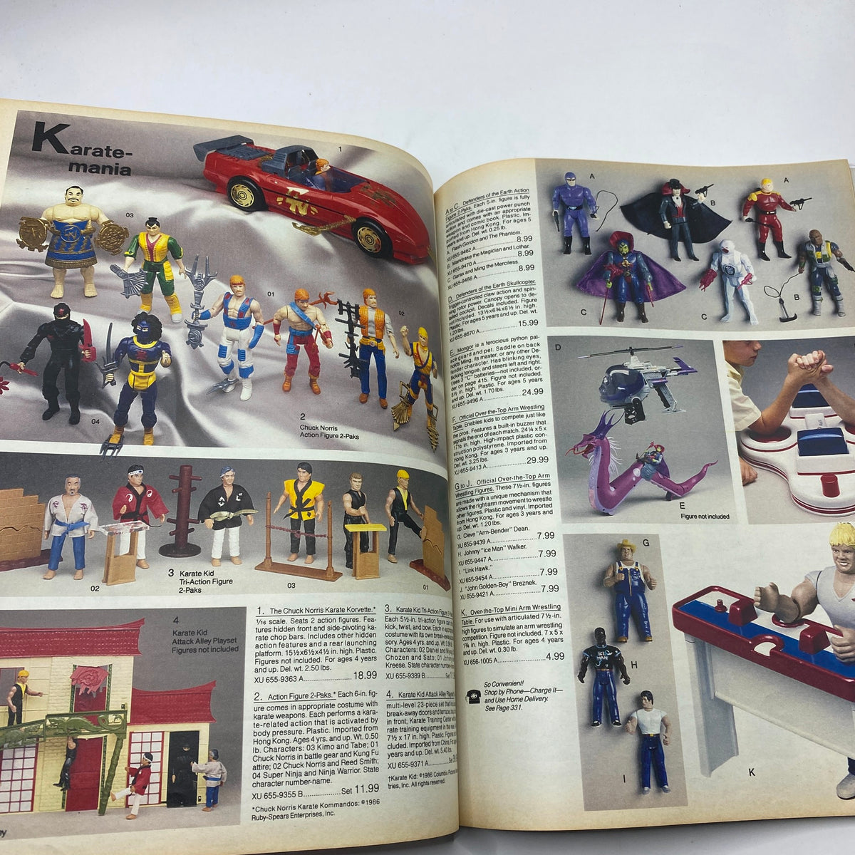 1986 JCPenney Christmas NFL for The Kids Catalog featuring various action figures and playsets for karate-themed toys.