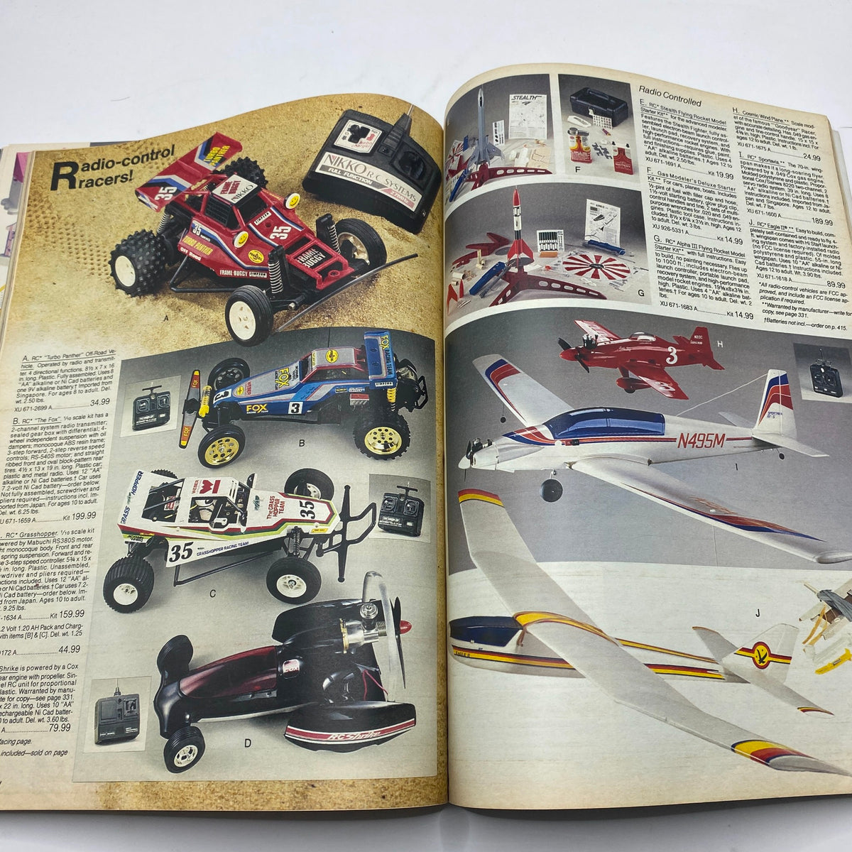 1986 JCPenney Christmas NFL for The Kids Catalog showcasing a variety of remote-controlled cars and airplanes for enthusiasts.