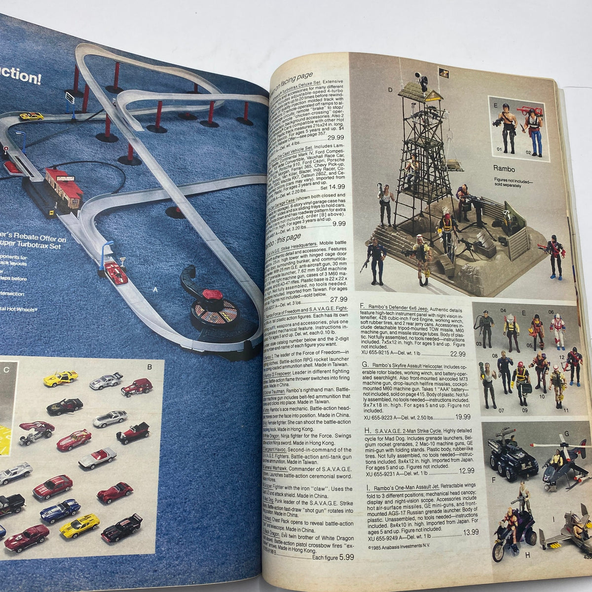 1986 JCPenney Christmas NFL for The Kids Catalog displaying a collection of toy vehicles and action figures set on a racetrack.
