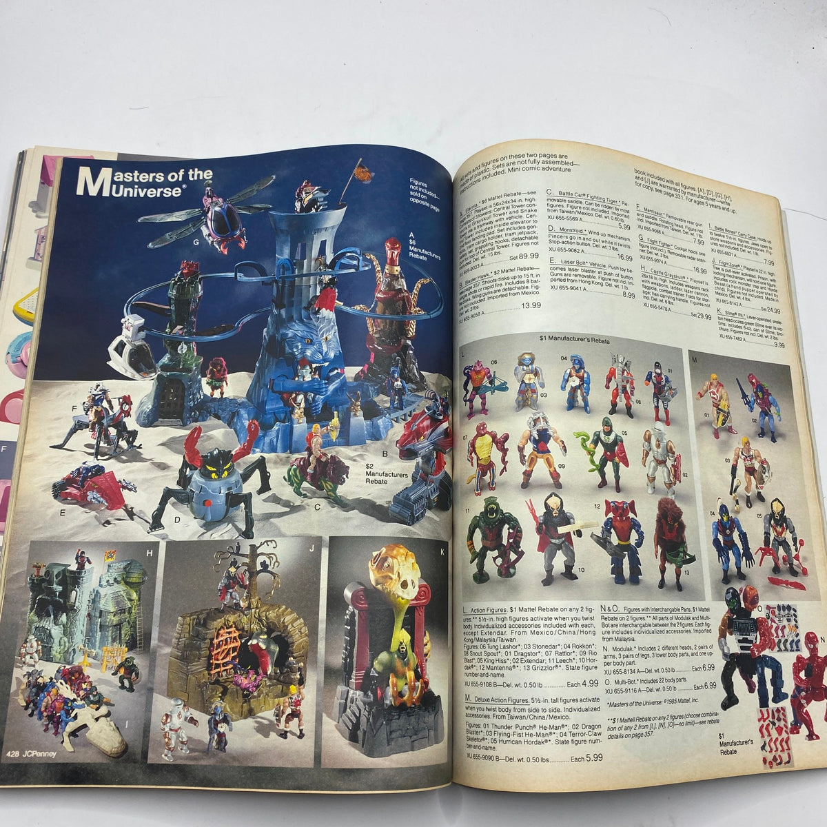 1986 JCPenney Christmas NFL for The Kids Catalog highlighting a selection of Masters of the Universe action figures and playsets.