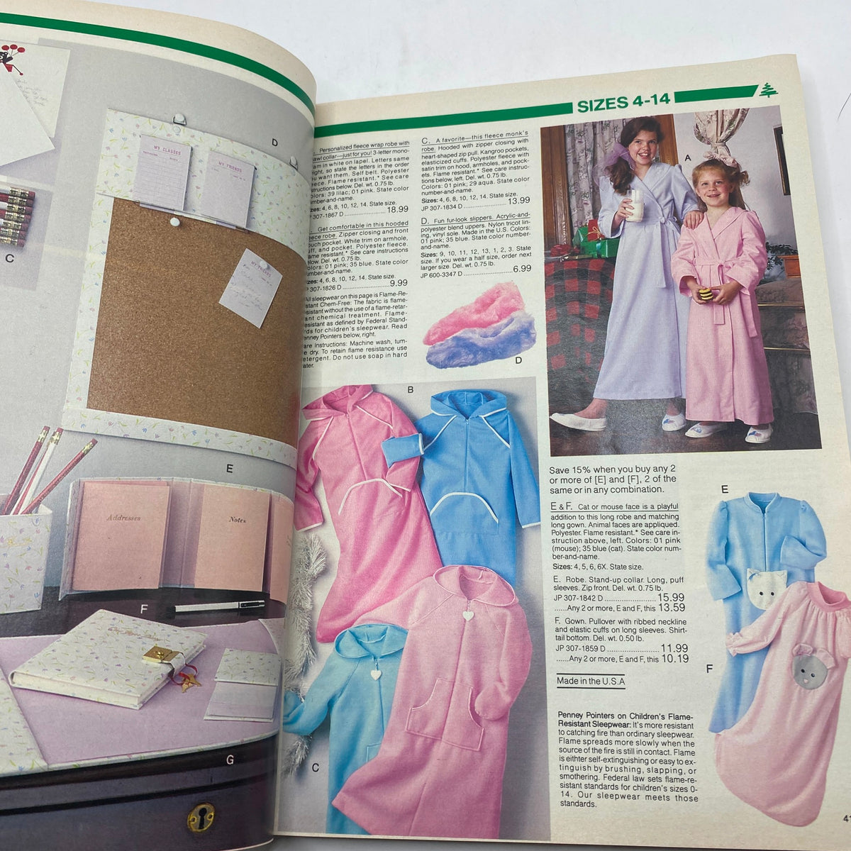 Page from the 1987 JCPenney Christmas Sophisticated Shimmer Catalog showcasing children's festive sleepwear options, including pink and blue robes, alongside holiday accessories.