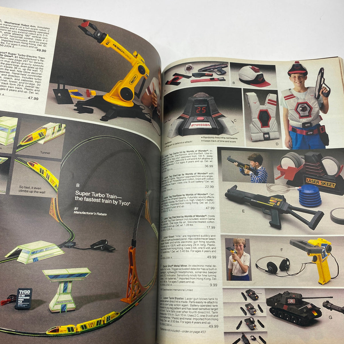 Page from the 1987 JCPenney Christmas Sophisticated Shimmer Catalog featuring innovative toys and gadgets like the Super Turbo Train by Tyco, illustrating popular items for the holiday gift-giving season.