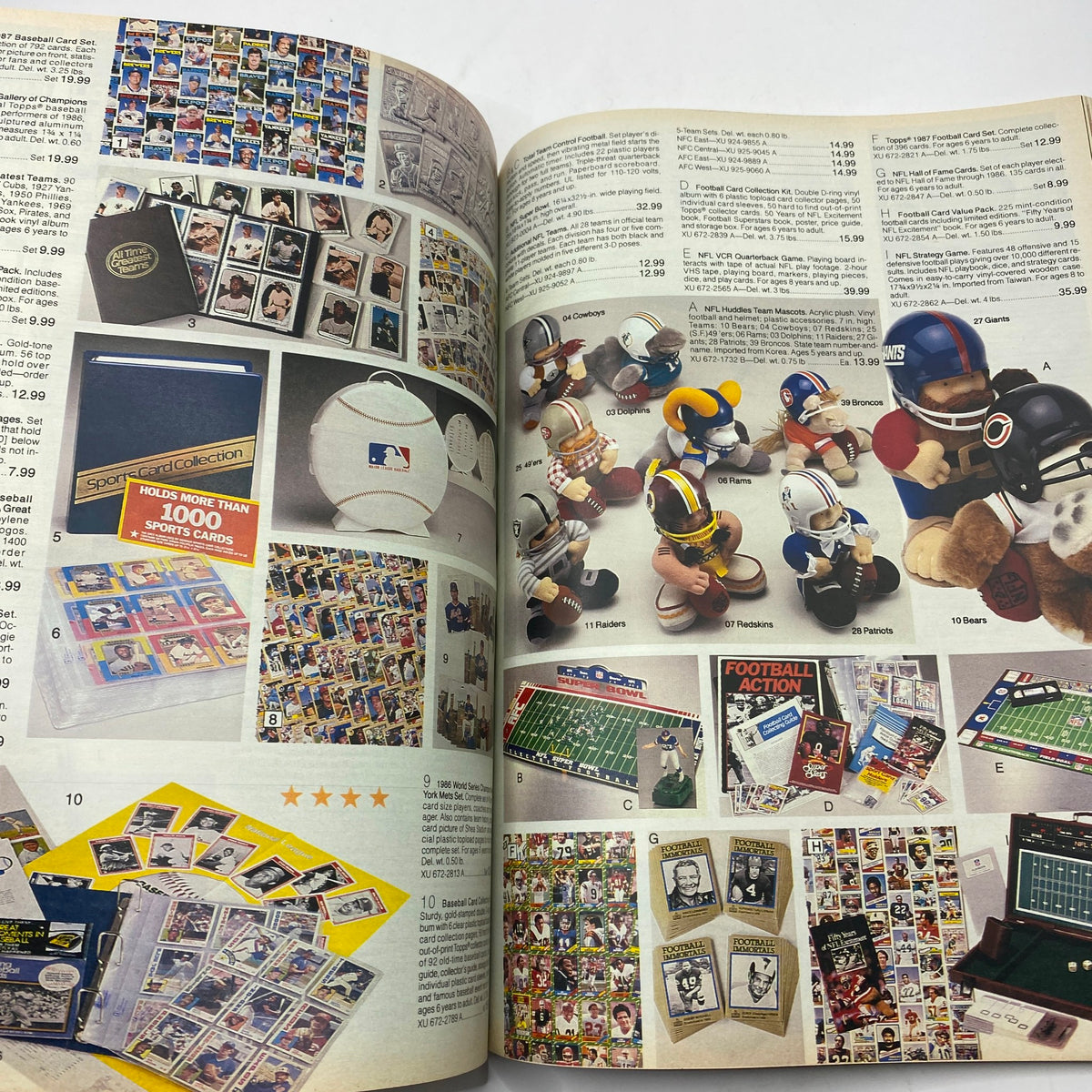 Interior page of the 1987 JCPenney Christmas Sophisticated Shimmer Catalog showcasing a variety of sports collectibles and toys, including themed action figures and sports memorabilia.
