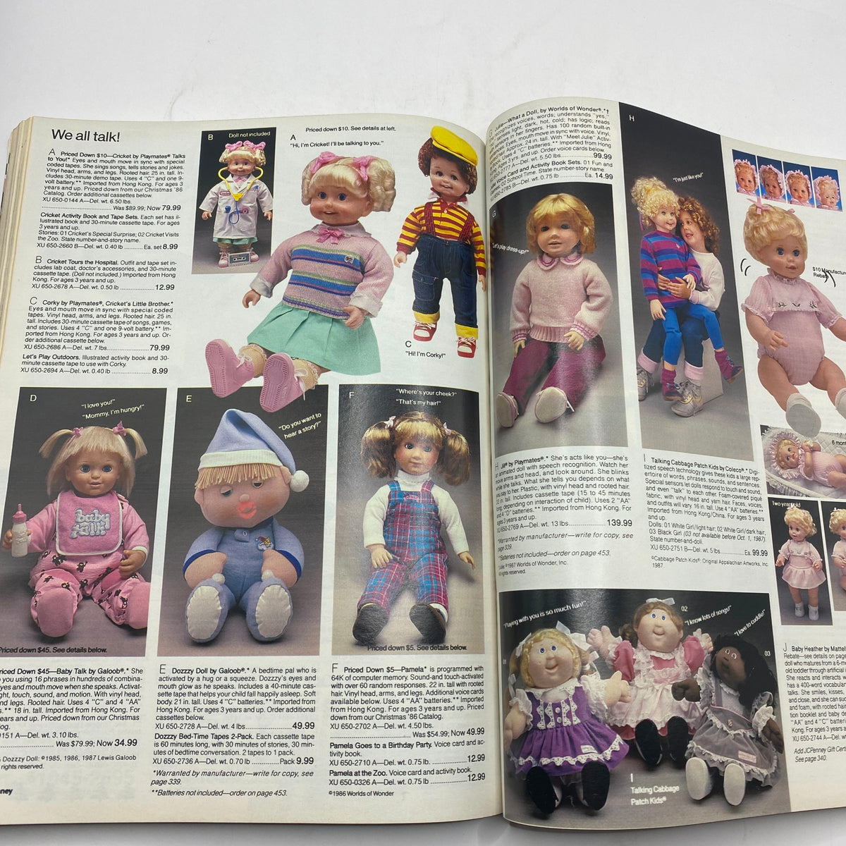 1987 JCPenney Christmas Sophisticated Shimmer Catalog showcasing various dolls and holiday-themed toys, including Cabbage Patch Kids and interactive characters.