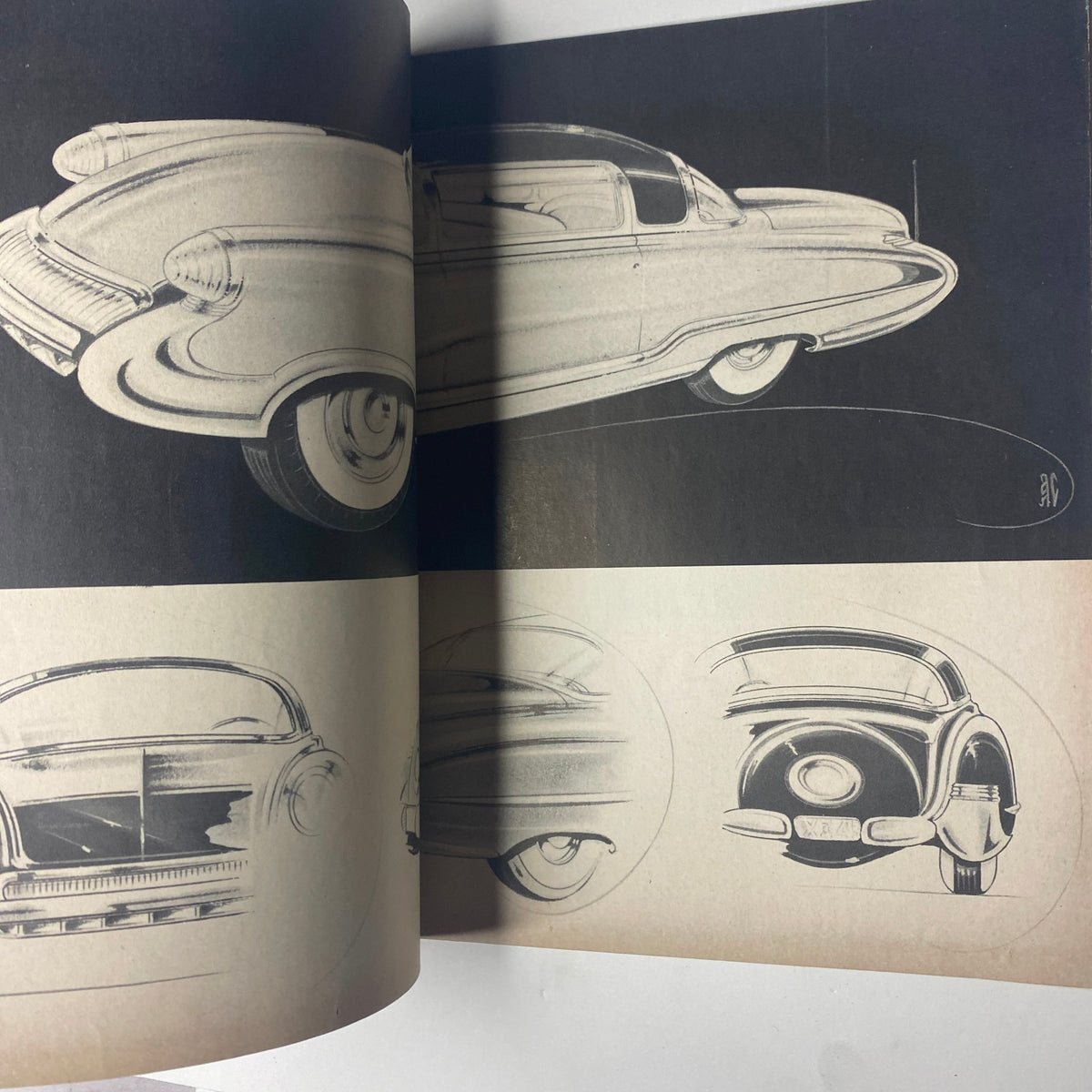 Illustrations of car designs featured in Motor Trend Magazine December 1949, showcasing the Topper Car and classic automotive concepts - Vol. 1, No. 4.