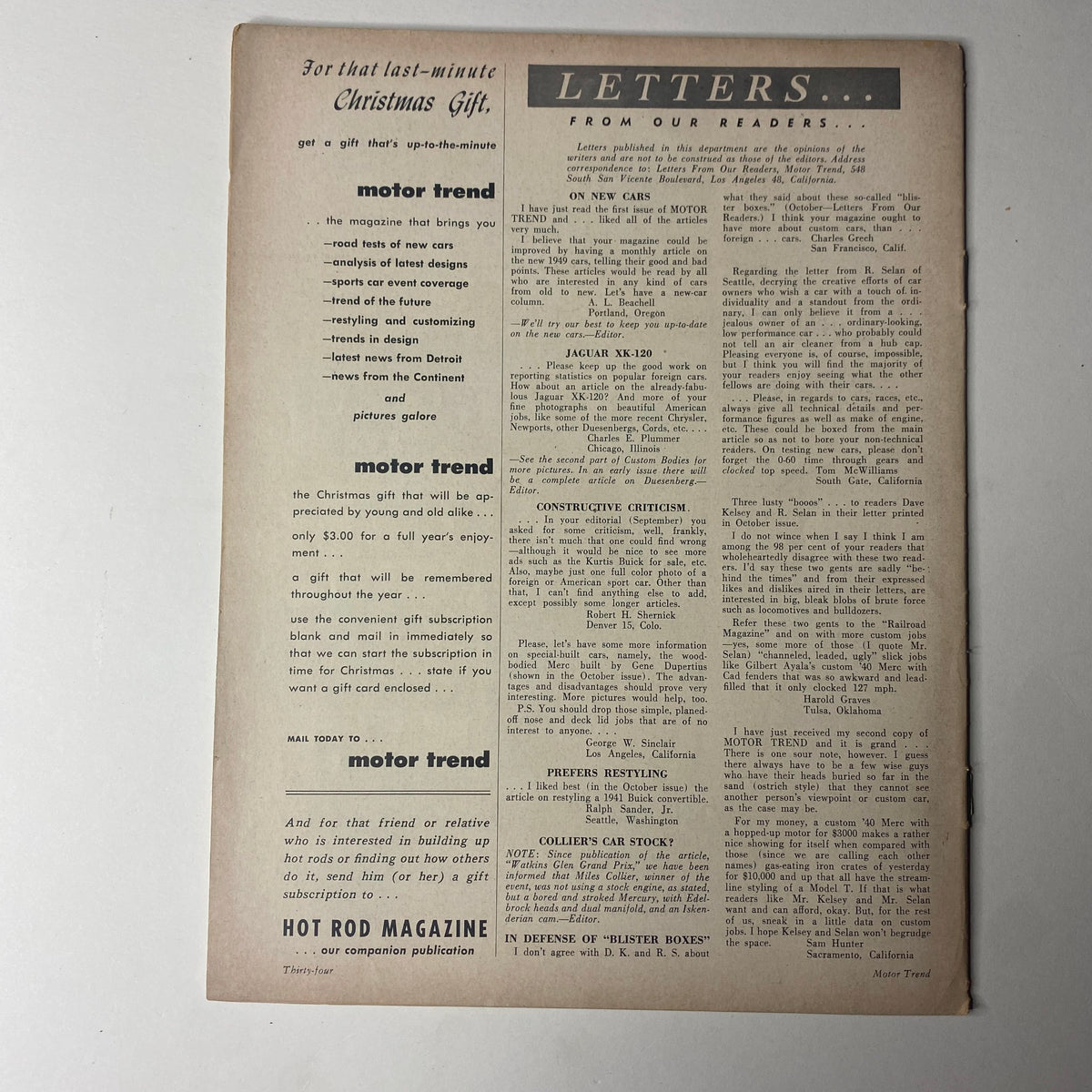 Letters section from Motor Trend Magazine December 1949, discussing various topics including new car feedback and reader opinions - Vol. 1, No. 4.