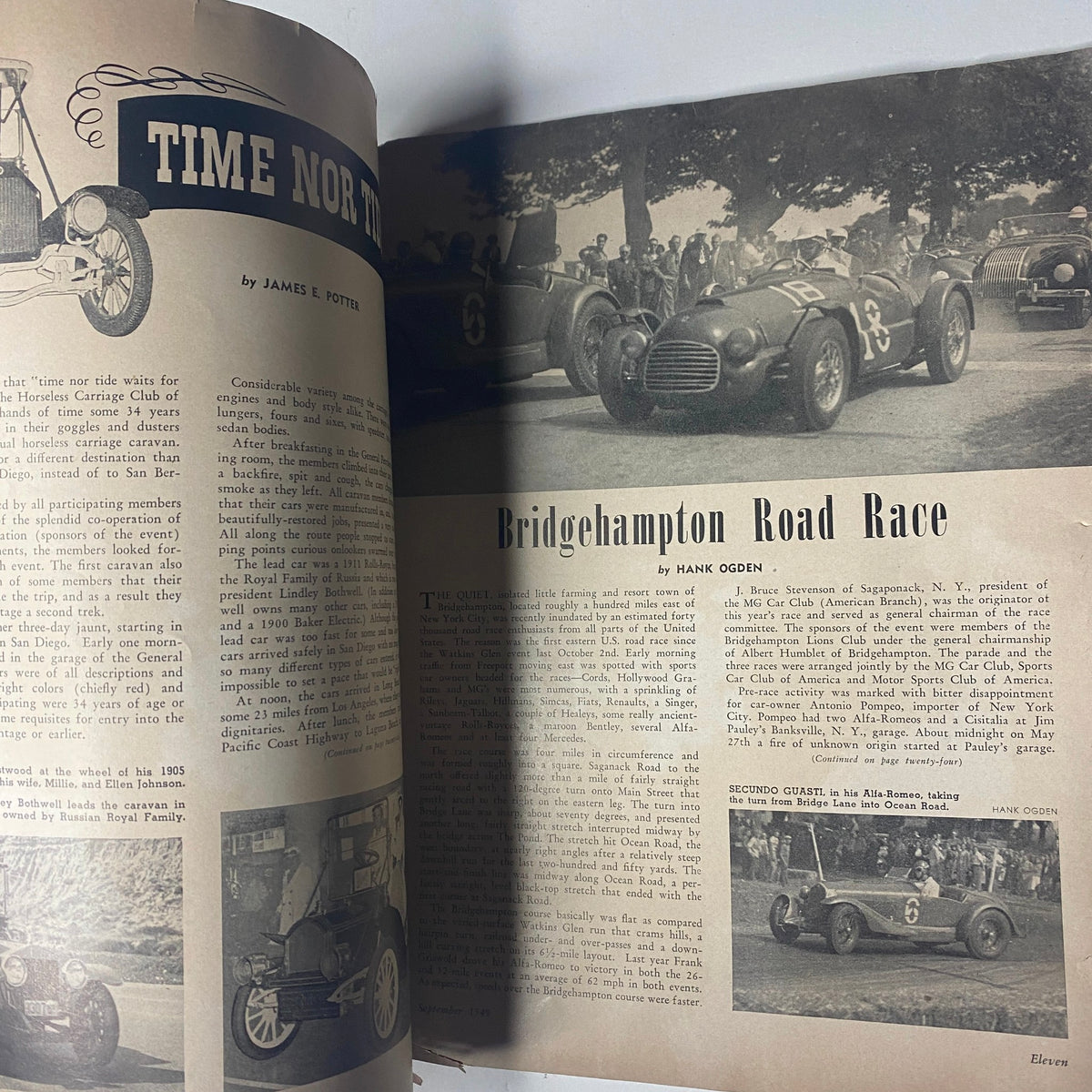 Interior page of Motor Trend Magazine, September 1949, showcasing the article 'Time Nor Tide' by James E. Potter and the 'Bridgehampton Road Race' by Hank Ogden.