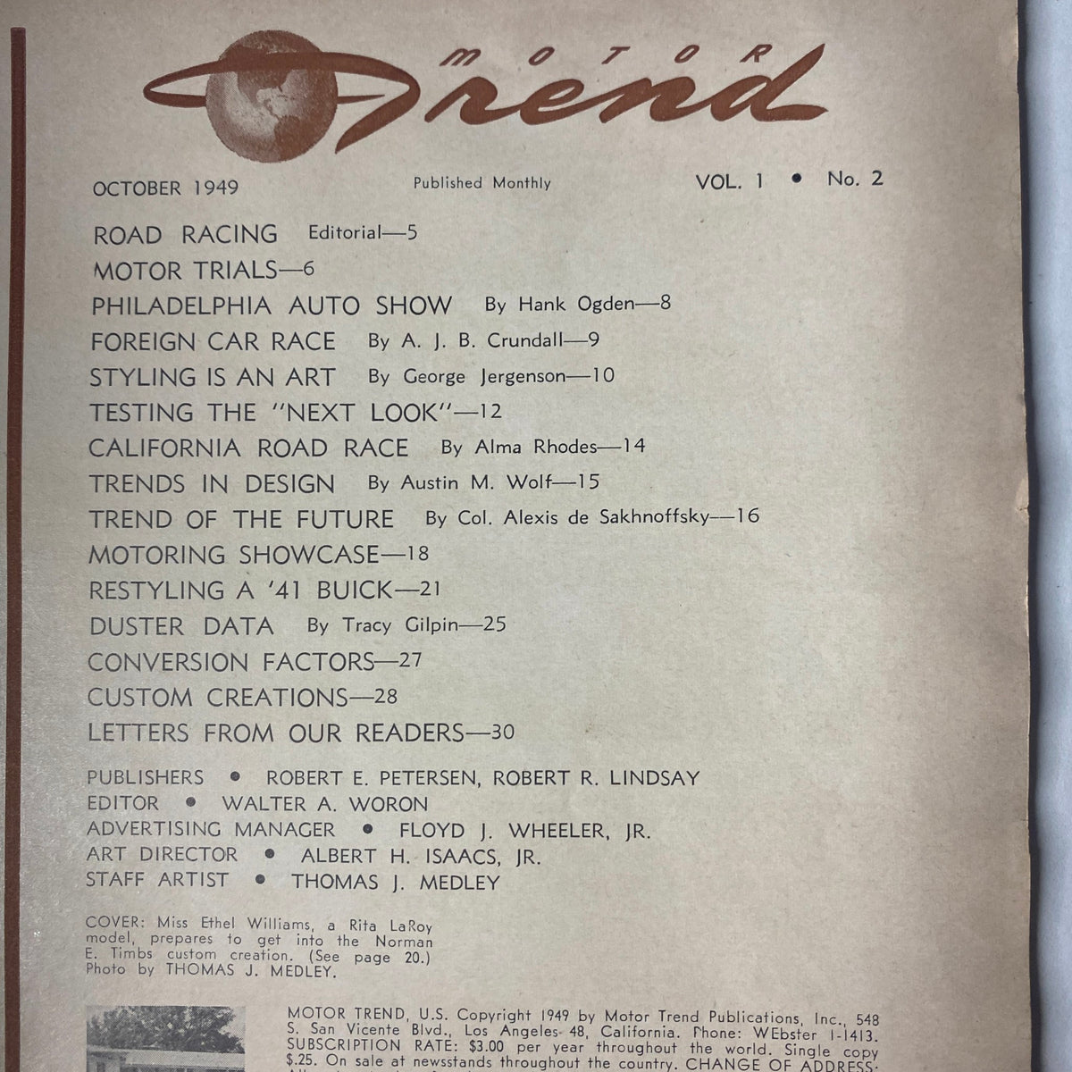Contents page of Motor Trend Magazine, October 1949, listing featured articles such as 'Road Racing,' 'Philadelphia Auto Show,' and 'Styling Is an Art.' This issue captures the essence of post-war automotive culture.