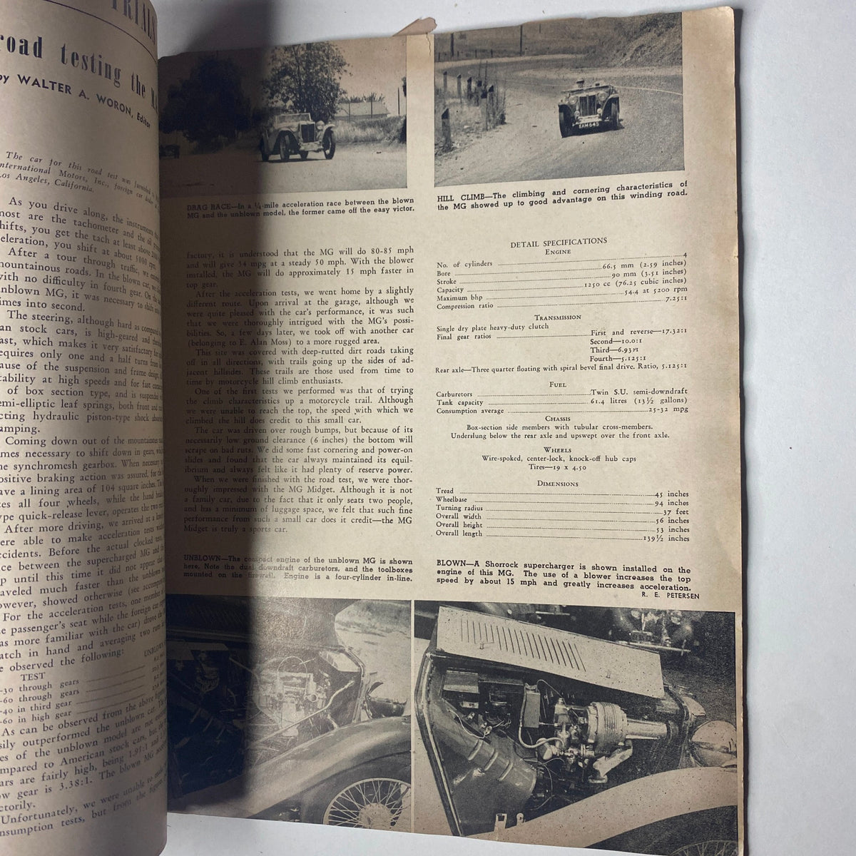 Motor Trend Magazine October 1949 article featuring road testing with images of vintage cars and specifications. Highlights the automotive developments of the late 1940s.