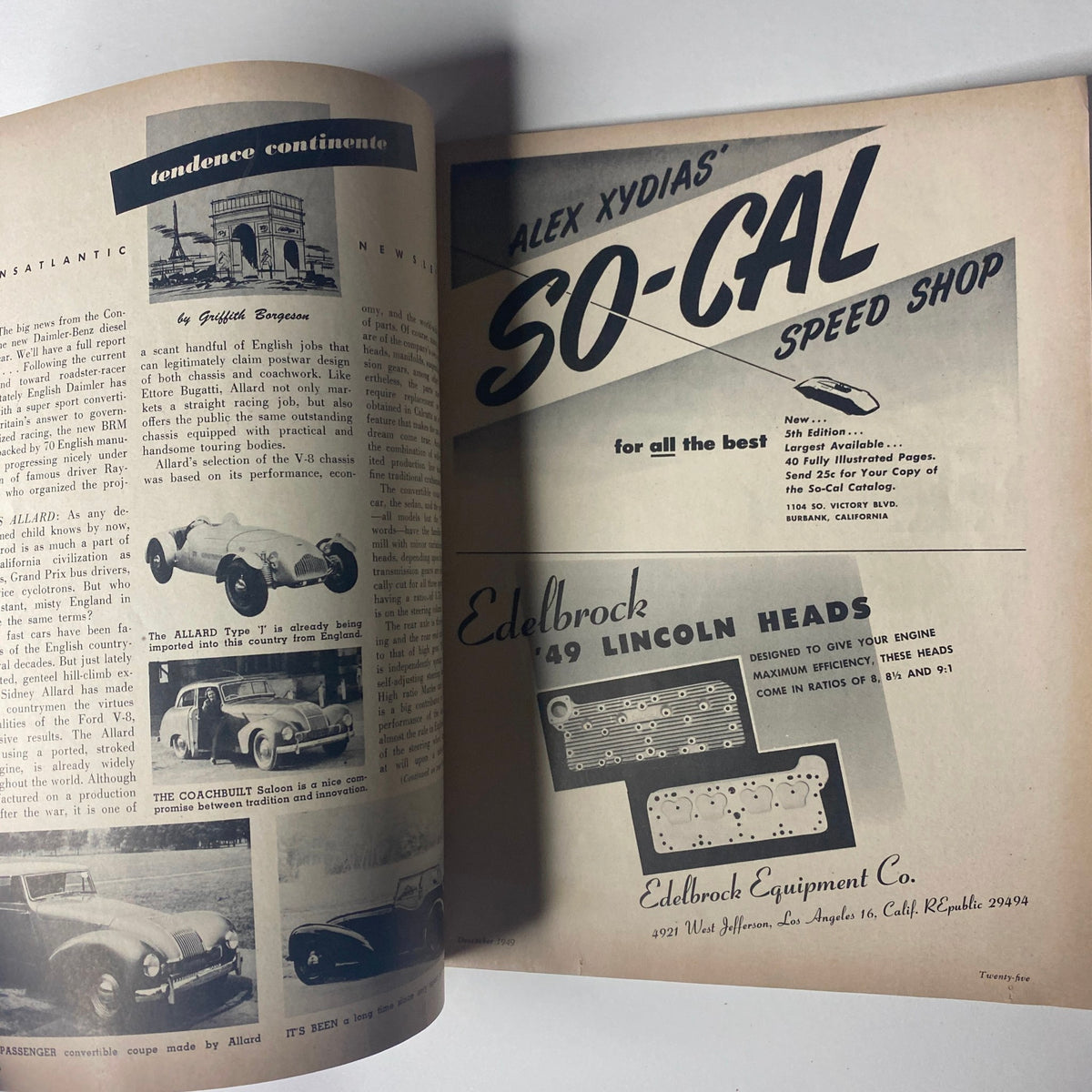 Another interior page from Motor Trend Magazine December 1949, displaying an advertisement for So-Cal Speed Shop alongside automotive imagery.