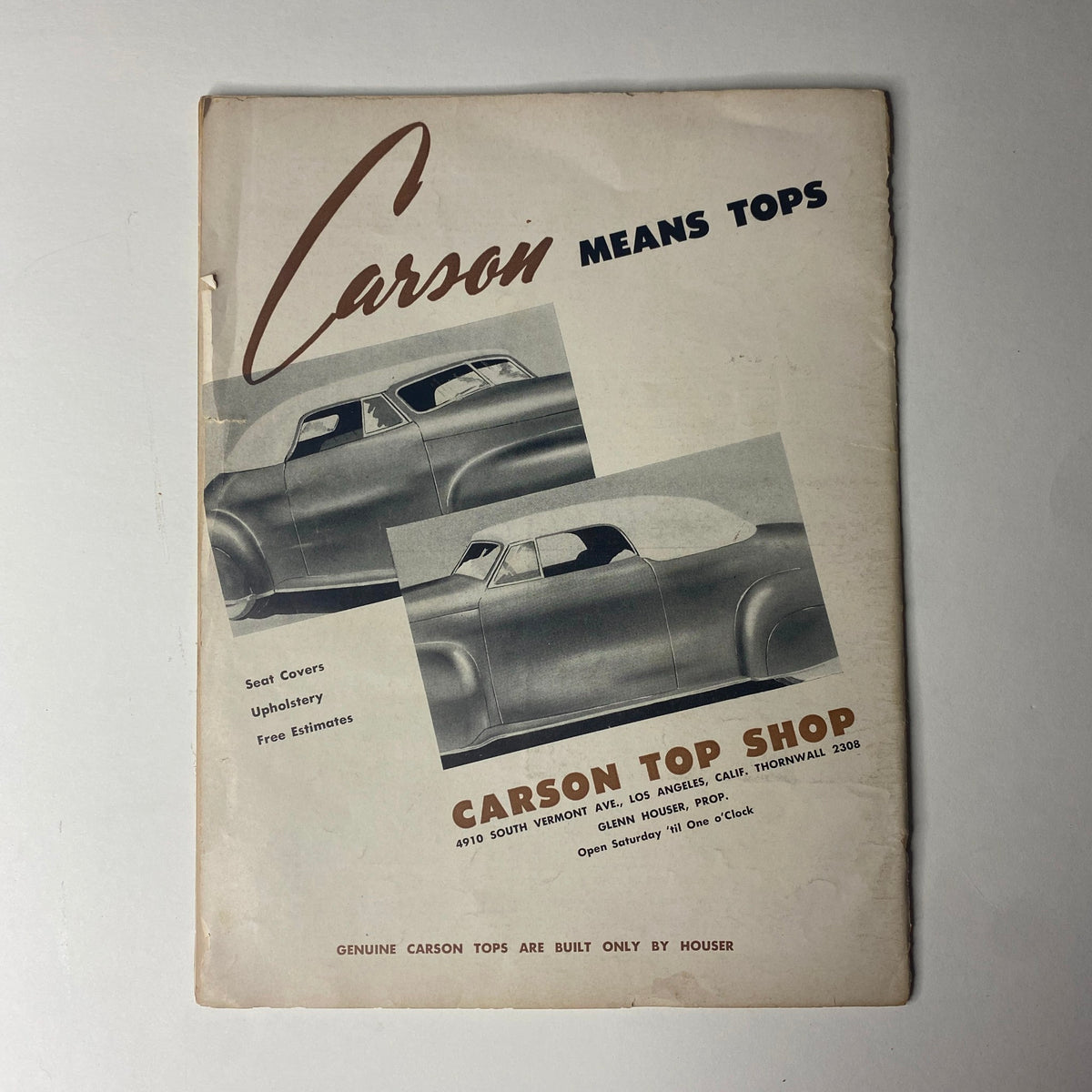 Carson Top Shop advertisement dated December 1949 featured in Motor Trend Magazine, highlighting custom car upholstery and design.