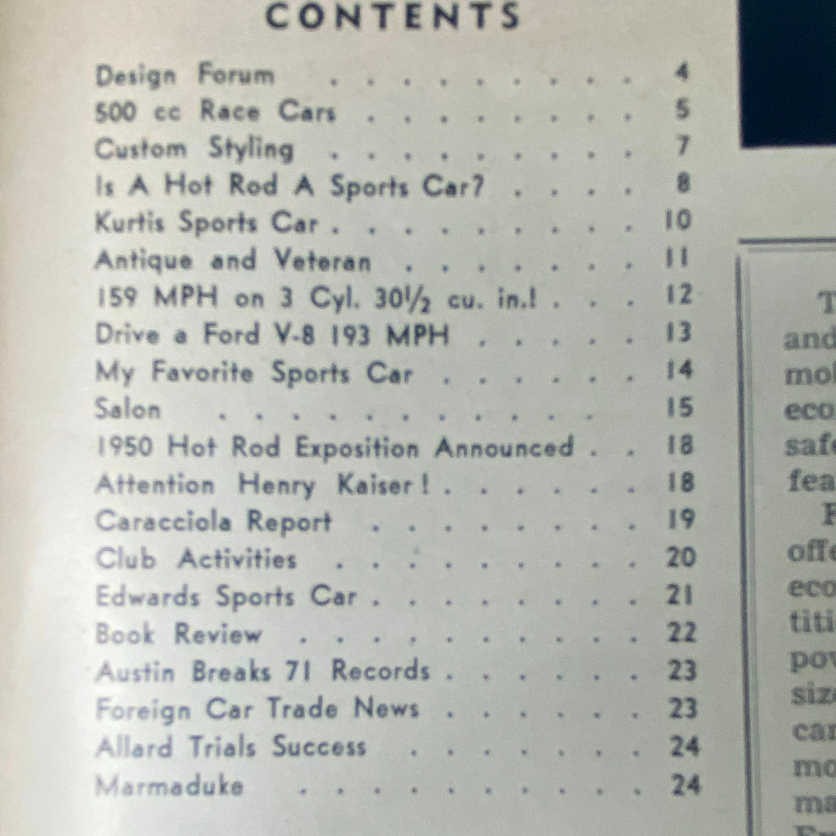 Table of contents from Road and Track Magazine December 1949, listing articles such as 'Design Forum', '500 cc Race Cars', and 'Drive a Ford V-8 193 MPH'.