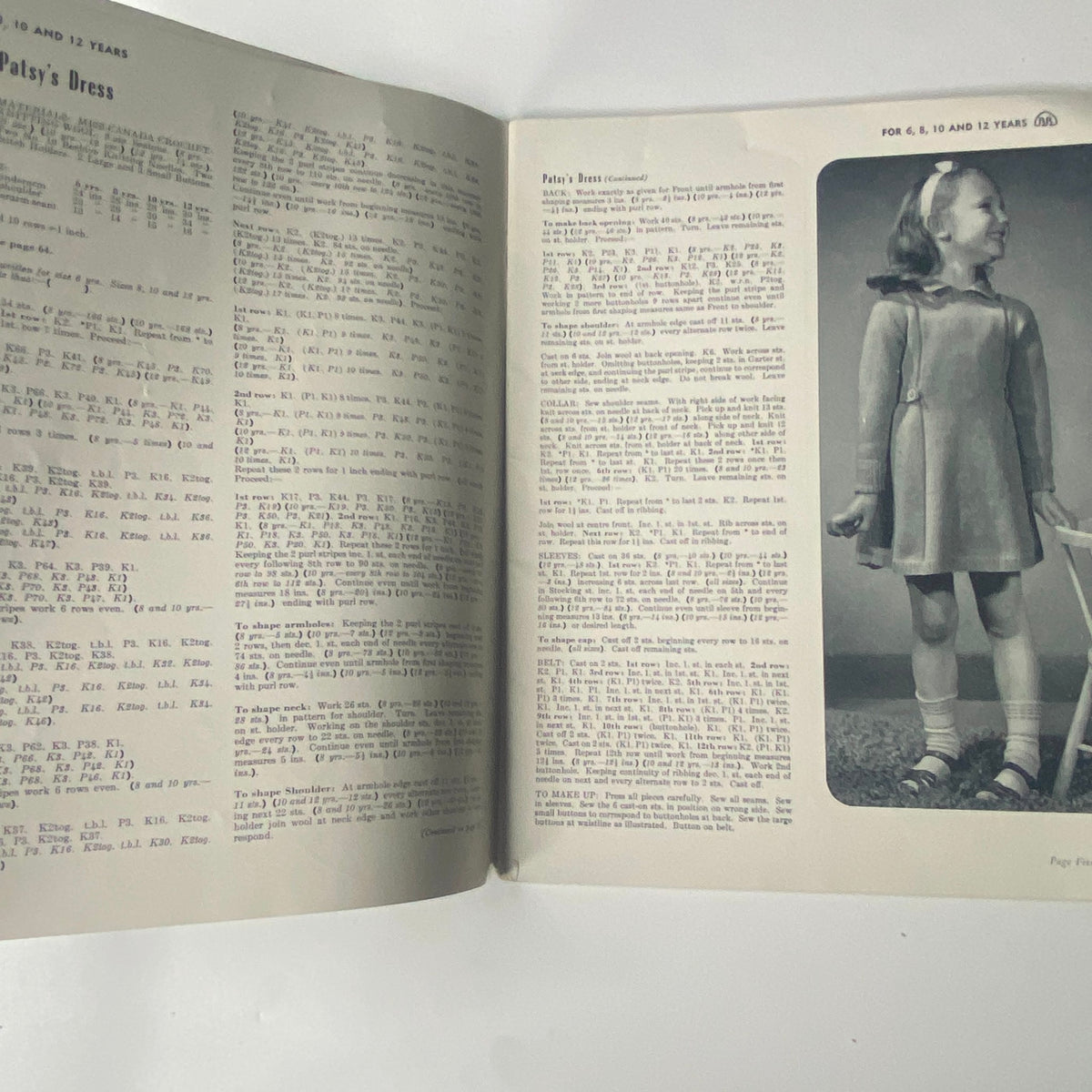 Interior page of the 1940s Series No. 31 Beehive Styles for Girls and Boys Catalog, showcasing detailed knitting instructions for 'Patsy’s Dress' with images of garments for ages 6, 10, and 12 years.
