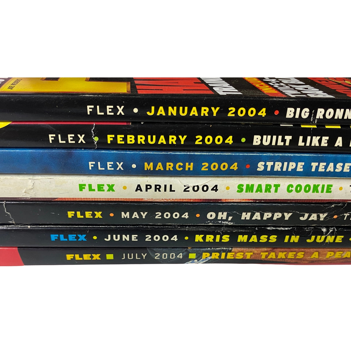 Lot of 7 Joe Weider's Flex Magazine January to July 2004 features cover titles for each month, showing bodybuilding insights and training articles.