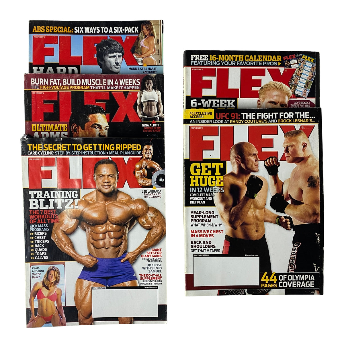 Lot of 5 Joe Weider's Flex Magazine covers from 2008 August to December, showcasing fitness and bodybuilding topics.